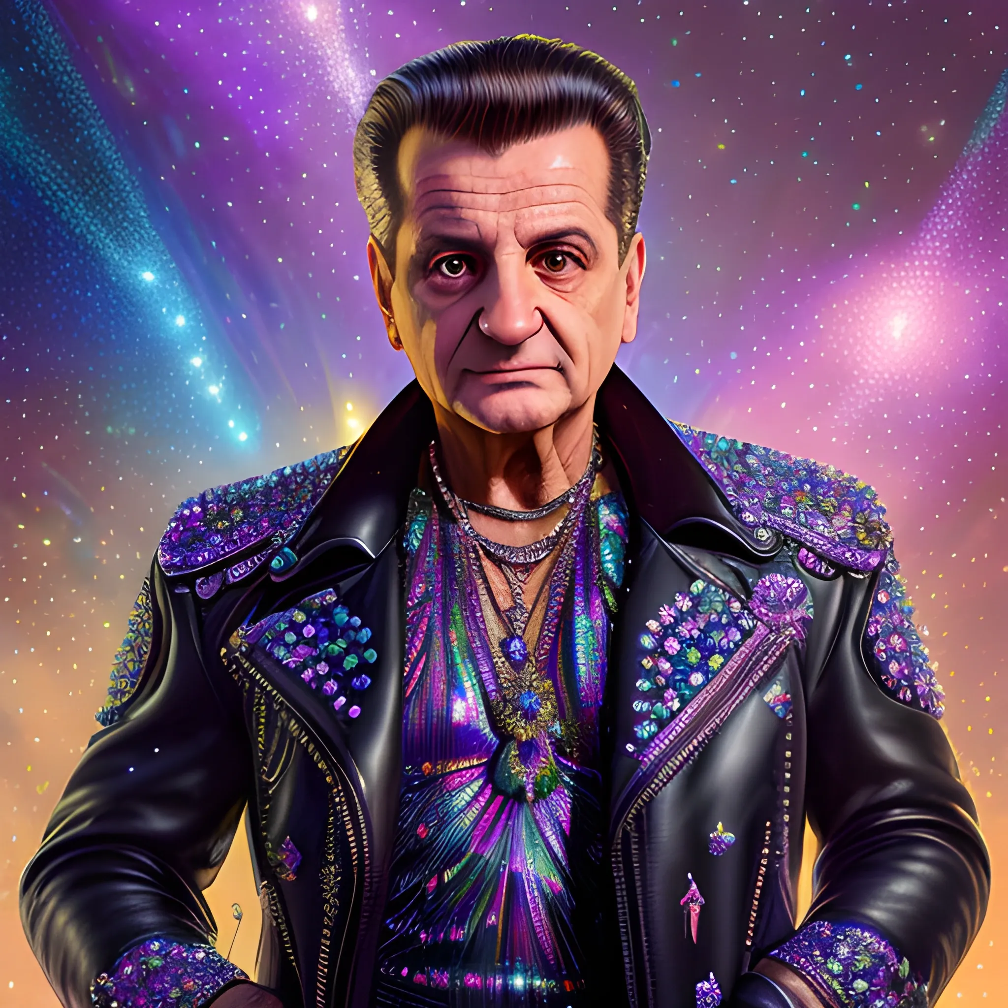 Joe Pesci, his highly detailed handsome face, meticulously detailed hair; leather jacket, smug, arrogant, close-up, luminous colorful sparkles, glitter, nebula sky; by Edwin Georgi, Sir Edward Poynter, ismaComics, rajewel, Xenia Hausner art; renaissance, depth of field, volumetric lighting, Unreal Engine, photorealistic