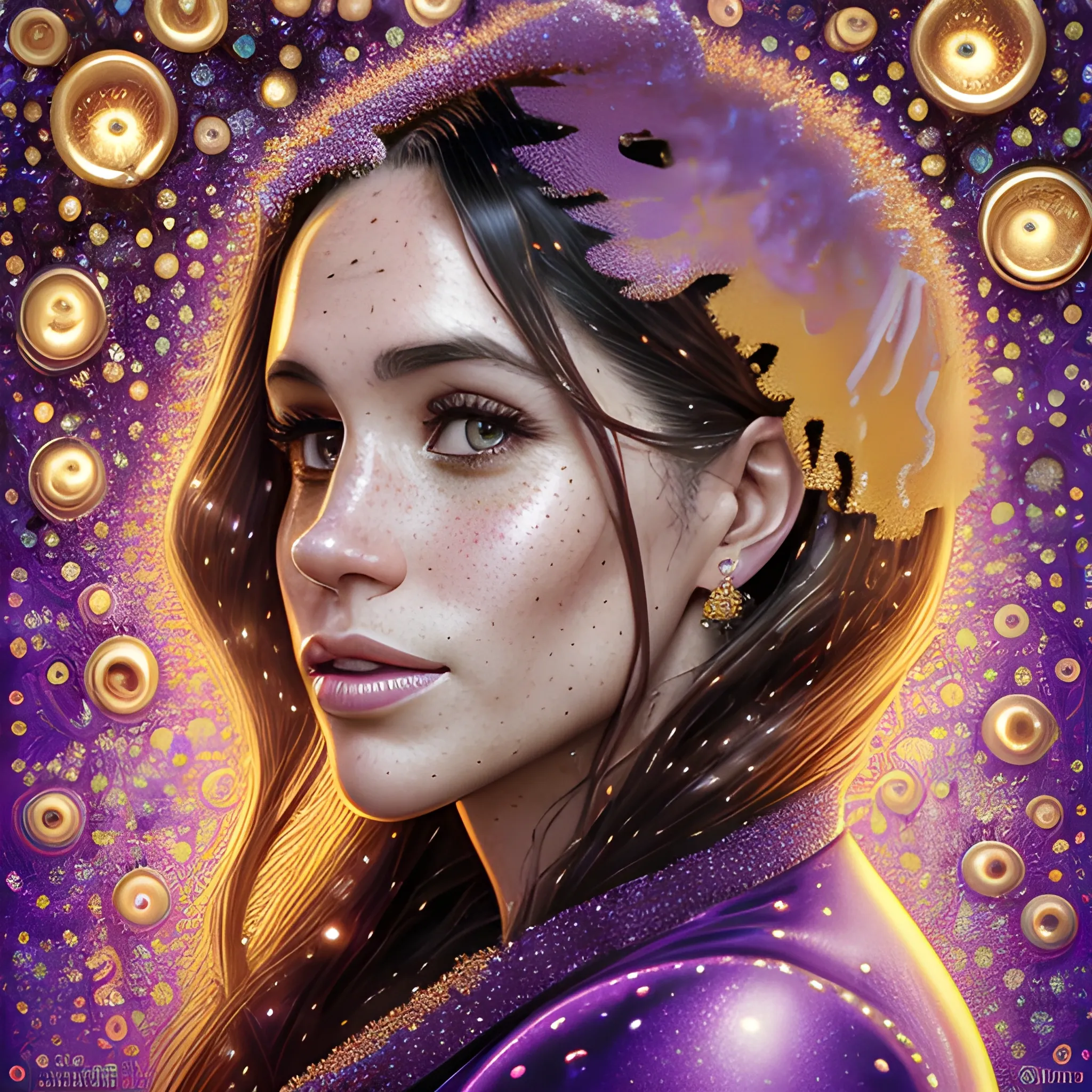 hyperdetailed oil on canvas, beautiful Meghan Markle, beautiful brown gold speckled eyes, her perfect, softly freckled, precisely detailed face, multi-hued dark hair, purple blue pink luminous color sparkles; Aja Trier, James R. Eads, Gawki, rajewel, Tania Rivilis, glitter, airbrush, Octane Render, volumetric lighting