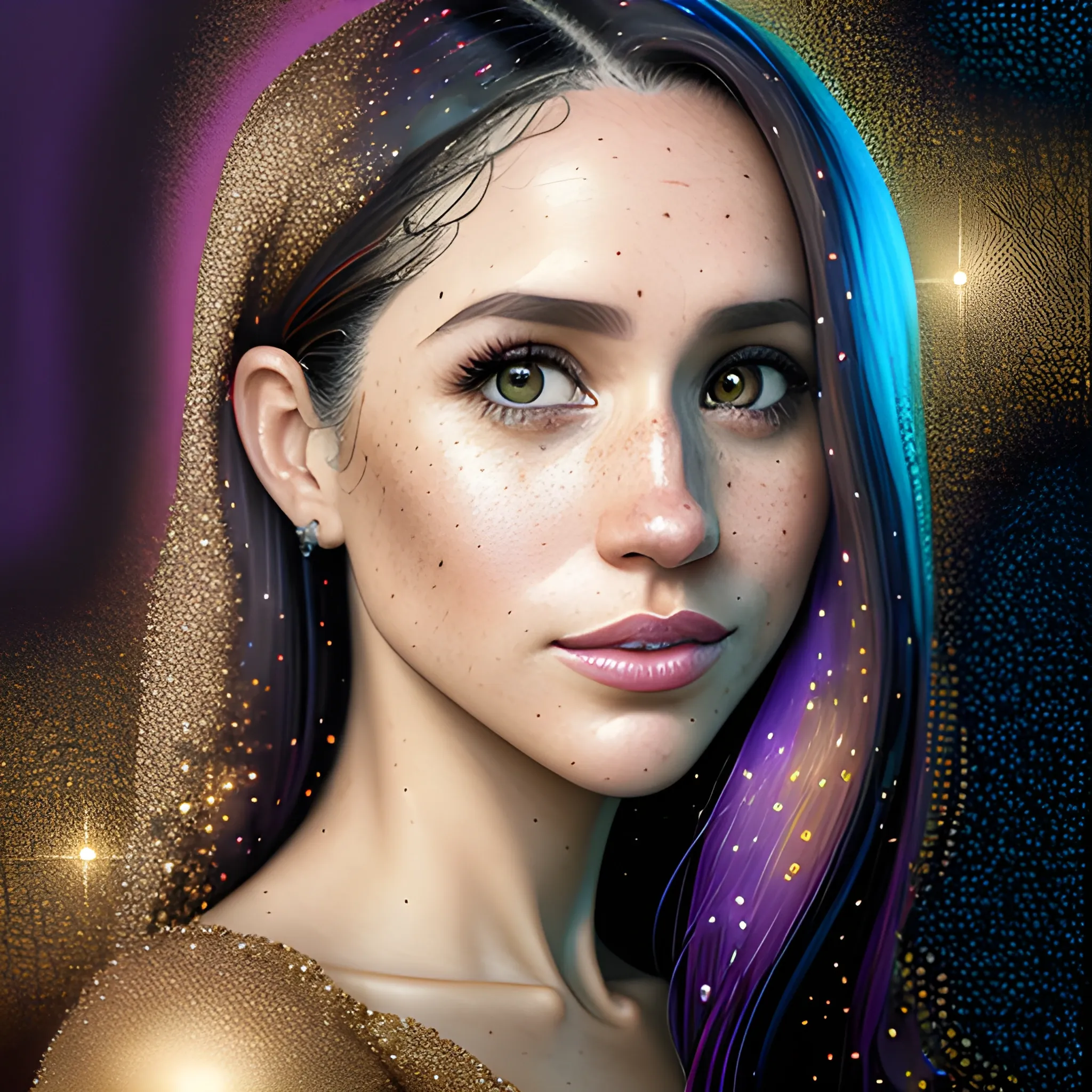 hyperdetailed oil on canvas, beautiful Meghan Markle, beautiful brown gold speckled eyes, her perfect, softly freckled, precisely detailed face, multi-hued dark hair, purple blue pink luminous color sparkles; Aja Trier, James R. Eads, Gawki, rajewel, Tania Rivilis, glitter, airbrush, Octane Render, volumetric lighting