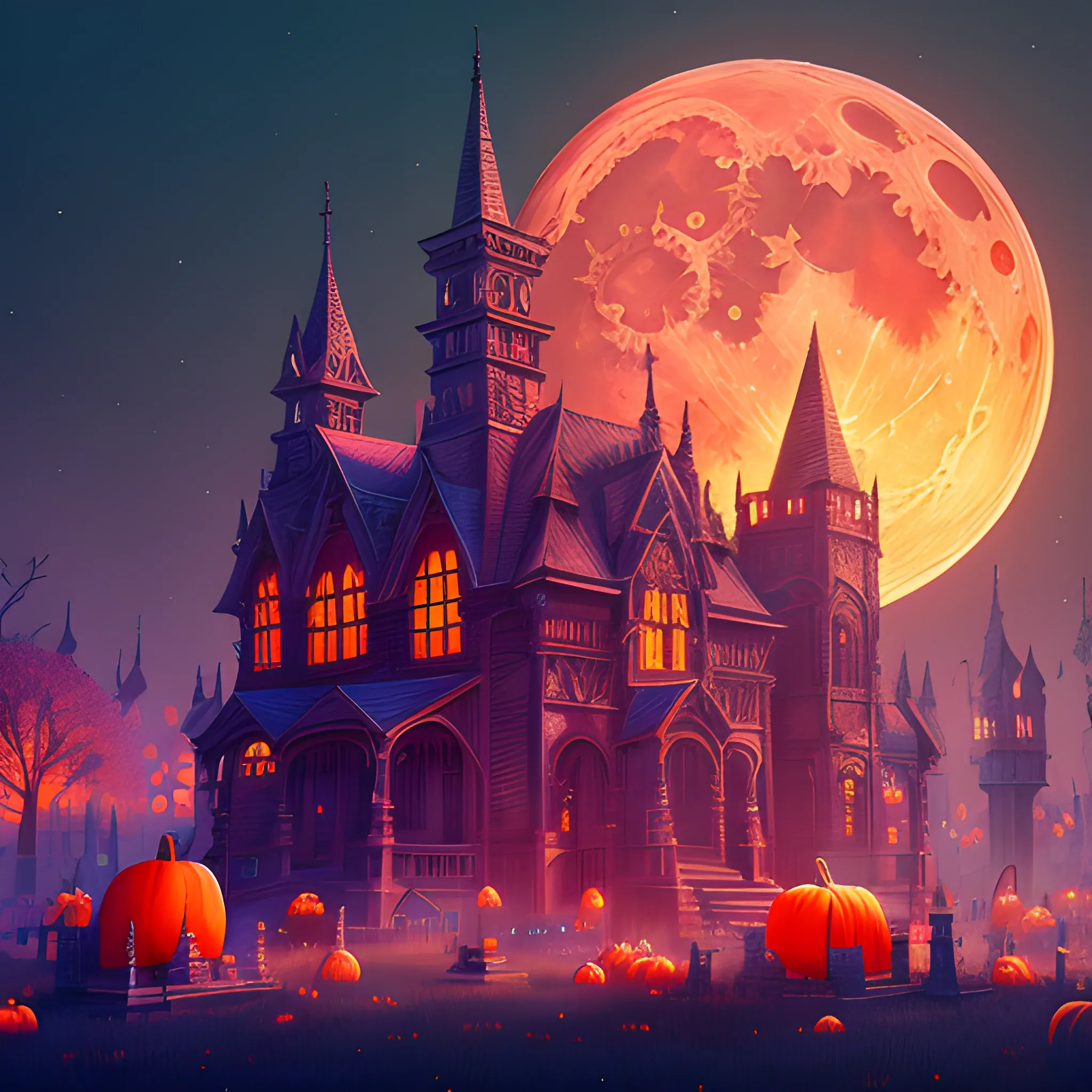 hyperdetailed oil on canvas, red moon shining down on a graveyard , pumpkins, bats, pink, purple, luminous colorful sparkles, by James R. Eads, Gawki, rajewel, Tania Rivilis, Dan Mumford, glitter, airbrush, Octane Render, elegant, volumetric lighting, 16k; detailed matte painting, deep color, fantastical, intricate detail, splash screen, complementary colors, fantasy concept art, 8k resolution trending on Artstation Unreal Engine 5