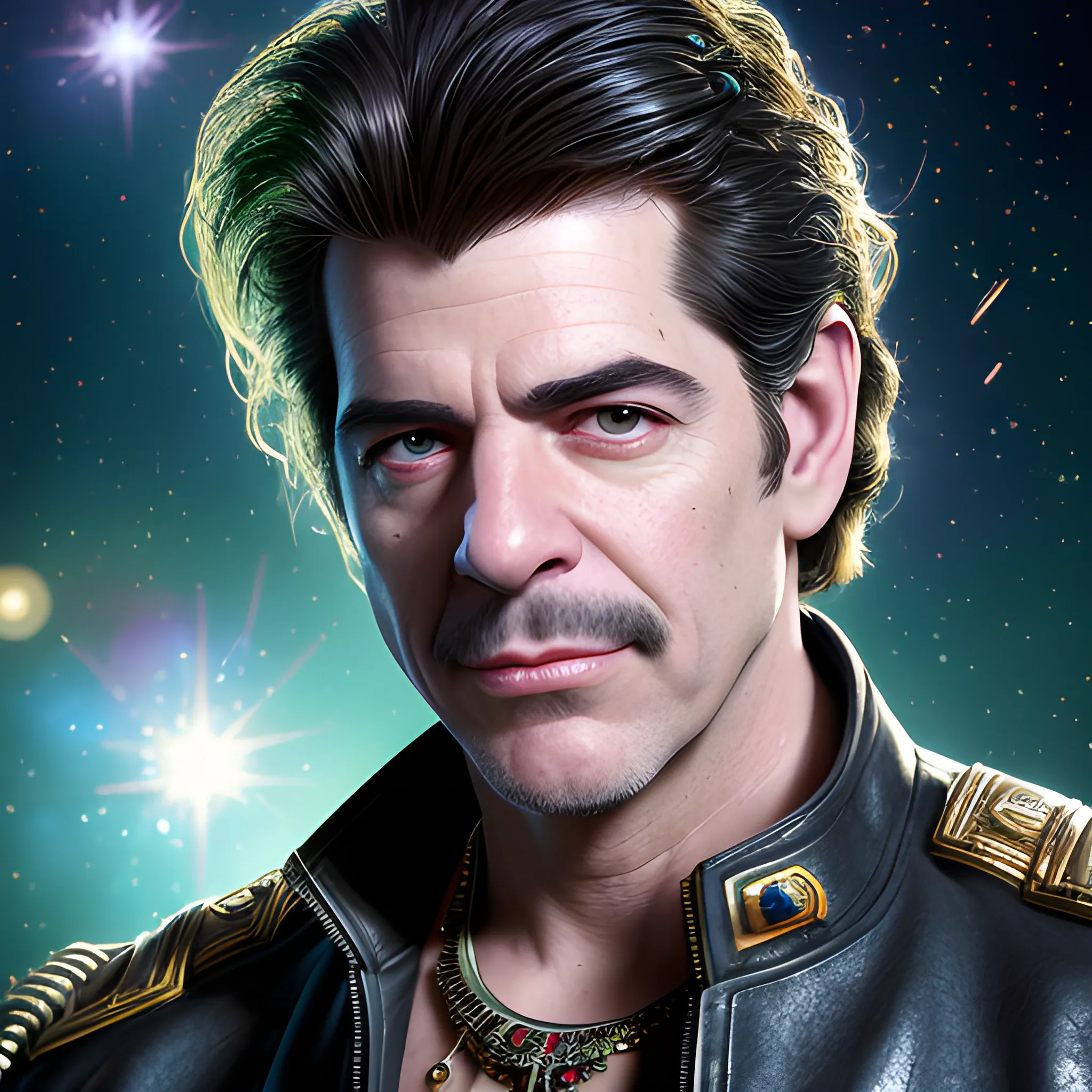 Jon Bauman, Bowzer from Sha Na Na, his highly detailed handsome face, meticulously detailed hair; leather jacket, smug, arrogant, close-up, luminous colorful sparkles, glitter, nebula sky; by Edwin Georgi, Sir Edward Poynter, ismaComics, rajewel, Xenia Hausner art; renaissance, depth of field, volumetric lighting, Unreal Engine, photorealistic