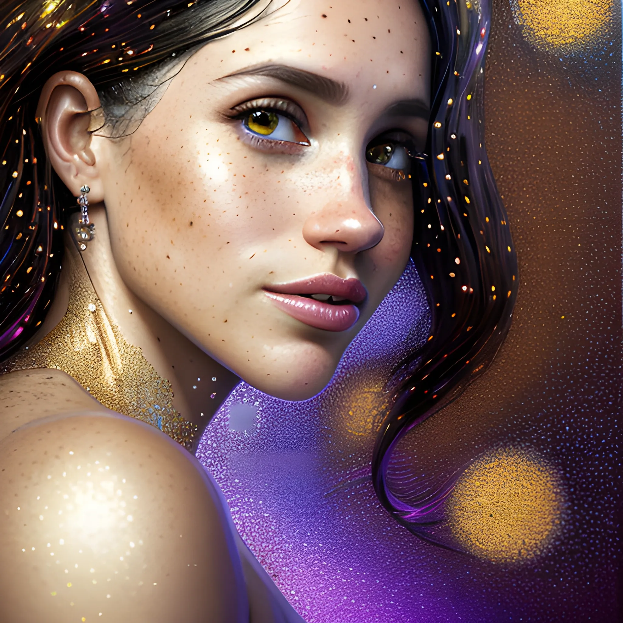 hyperdetailed oil on canvas, beautiful Meghan Markle, beautiful brown gold speckled eyes, her perfect, softly freckled, precisely detailed face, multi-hued dark hair, purple blue pink luminous color sparkles; Aja Trier, James R. Eads, Gawki, rajewel, Tania Rivilis, glitter, airbrush, Octane Render, volumetric lighting