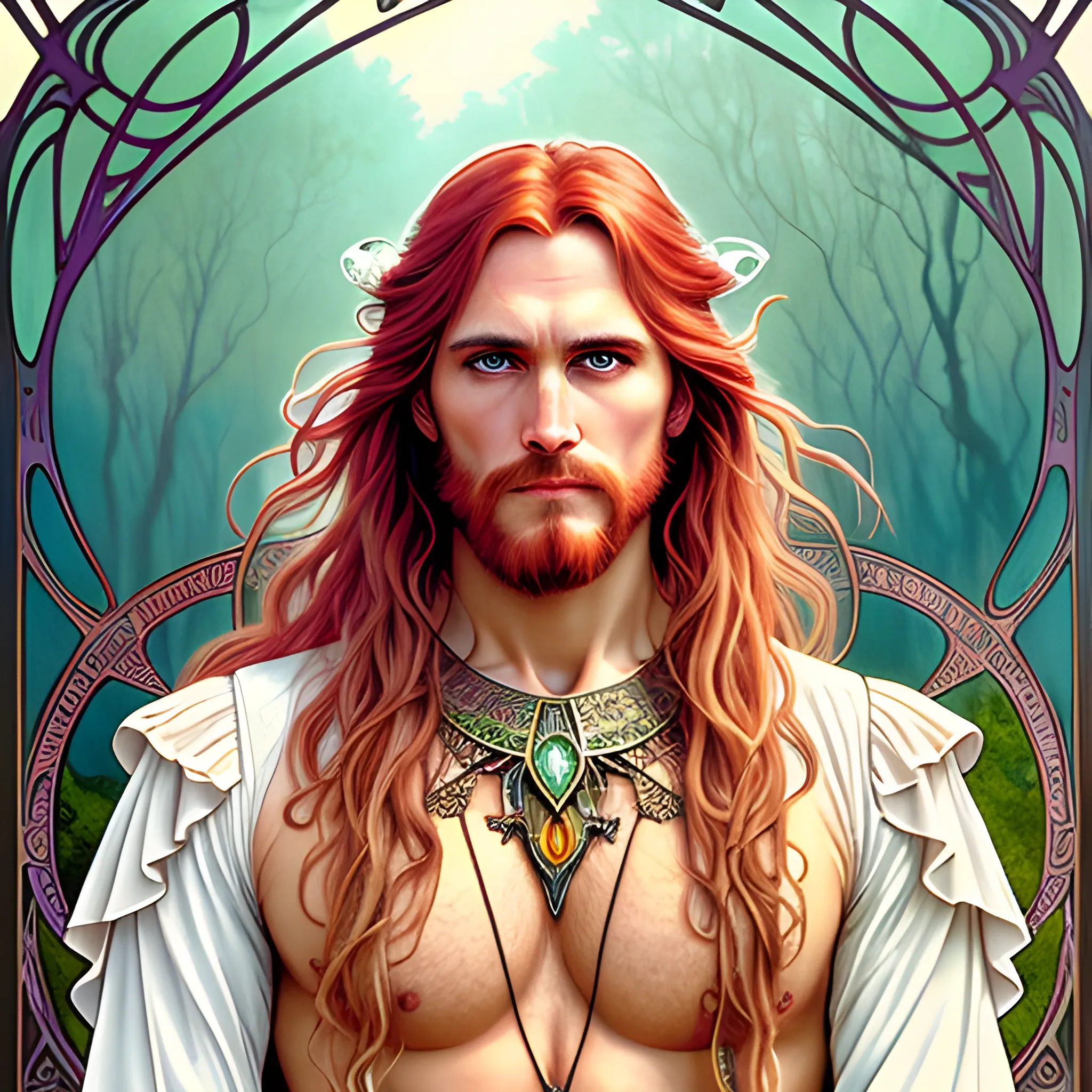 young Malachai of the Corn, his highly detailed, softly freckled handsome face, his clean, clear eyes, meticulously detailed, multi-hued, long red hair; hippie, pirate, he gazes far-away to the forest; pink, yellow, across a misty pastel-colored landscape, clouds; fantasy, Vintage Art, 8k resolution art Nouveau poster; Alphonse Mucha, Artgerm, WLOP, Illustration intricately detailed, trending on Artstation, Renaissance, triadic colors, Chromolithography Soft Shading