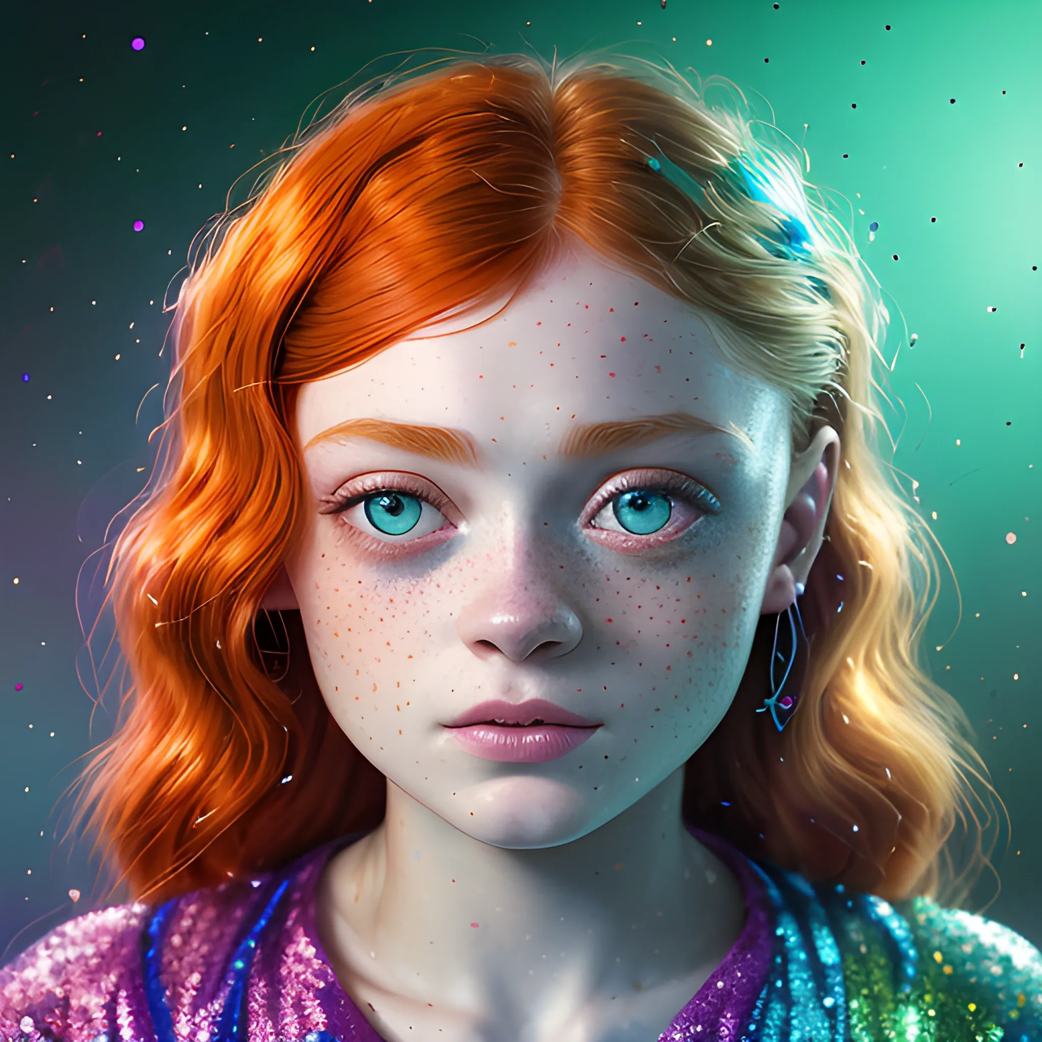 hyperdetailed oil on canvas, Sadie Sink, beautiful green, turquoise speckled eyes, her perfect, softly freckled, precisely detailed face, multi-hued red hair, purple blue pink luminous color sparkles; Aja Trier, James R. Eads, Gawki, rajewel, Tania Rivilis, glitter, airbrush, Octane Render, volumetric lighting