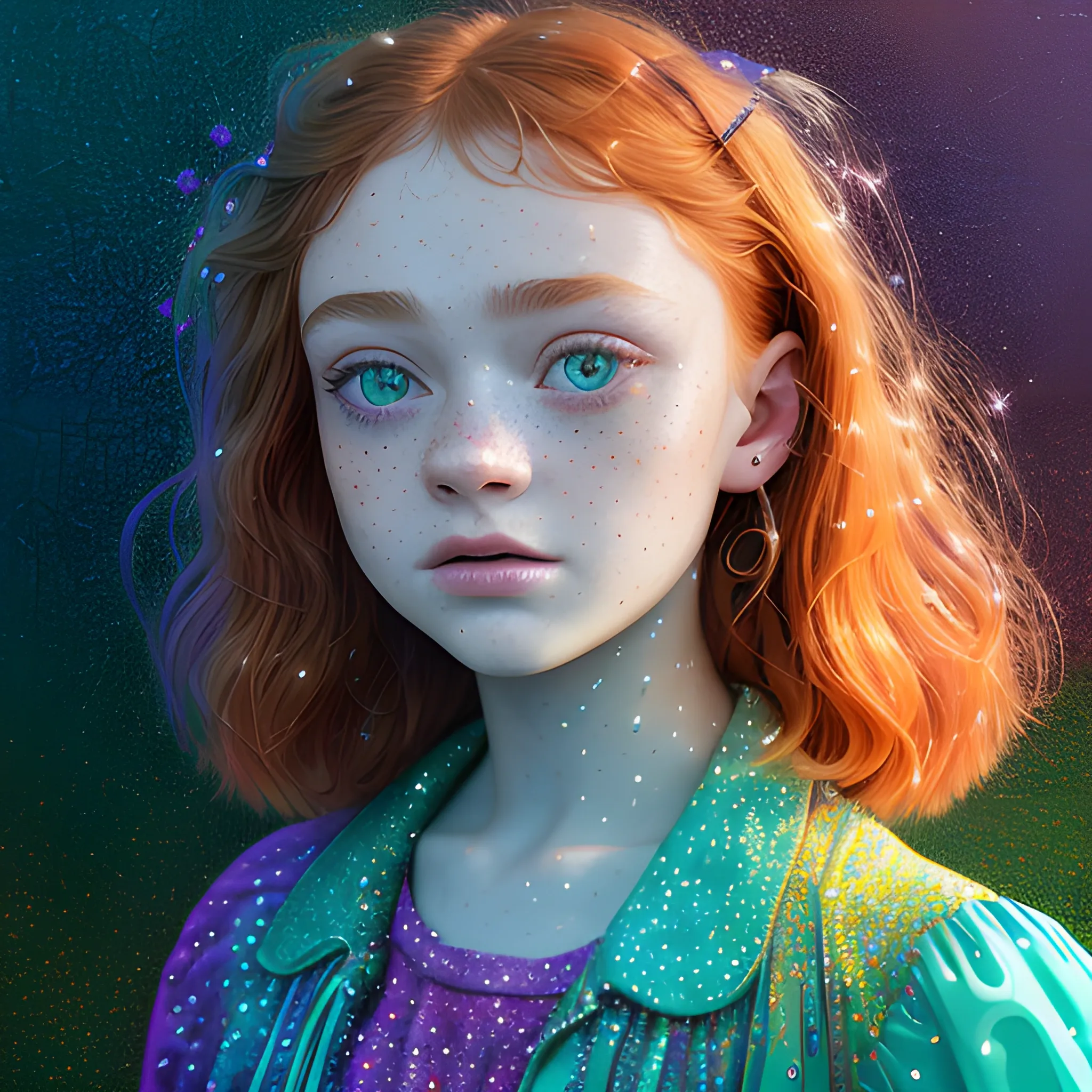 hyperdetailed oil on canvas, Sadie Sink, beautiful green, turquoise speckled eyes, her perfect, softly freckled, precisely detailed face, multi-hued red hair, purple blue pink luminous color sparkles; Aja Trier, James R. Eads, Gawki, rajewel, Tania Rivilis, glitter, airbrush, Octane Render, volumetric lighting