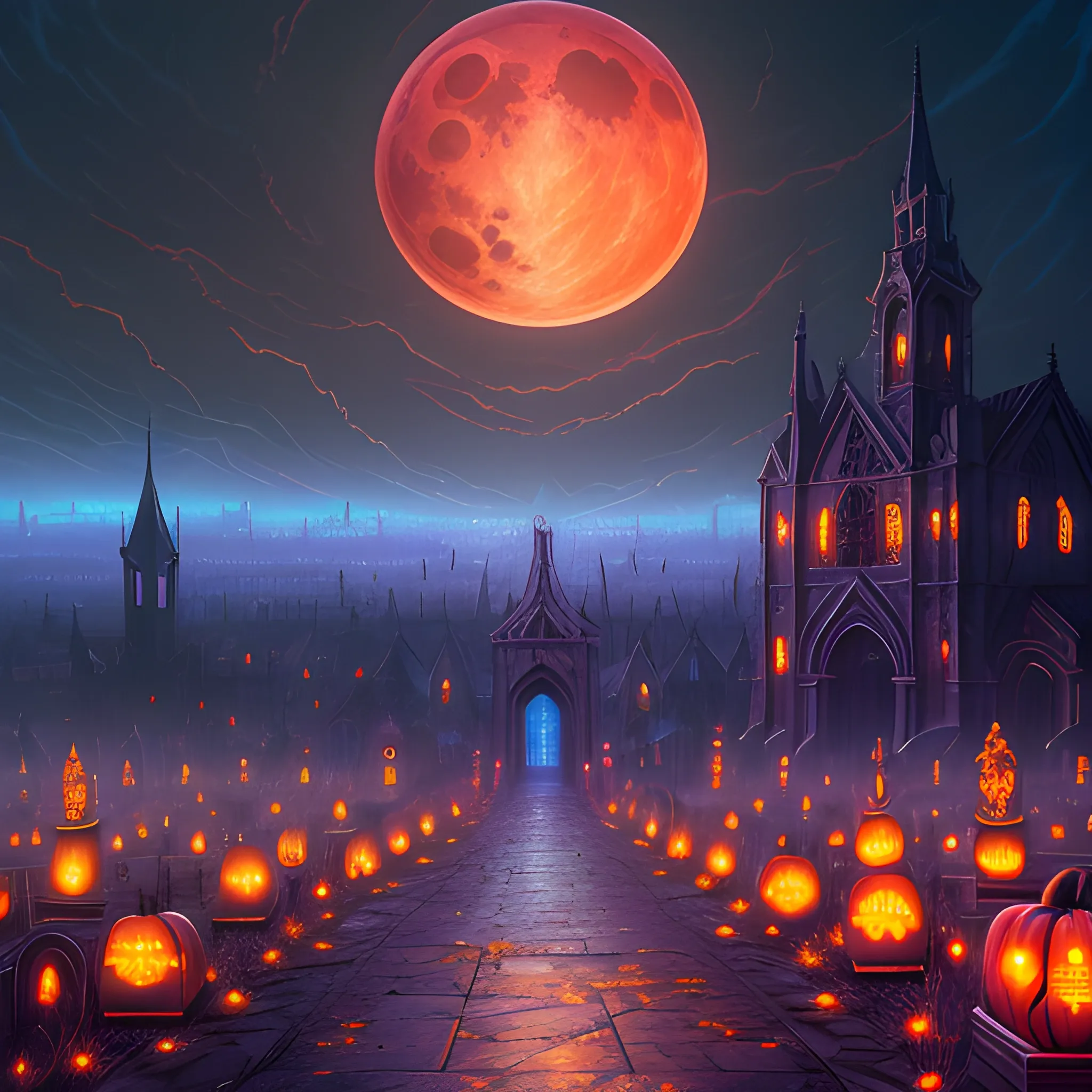 hyperdetailed oil on canvas, red moon shining down on a graveyard, pumpkins, bats, orange, purple, luminous colorful sparkles, haunted, ominous, eldritch, macabre, spooky; by James R. Eads, Gawki, rajewel, Tania Rivilis, Dan Mumford, glitter, airbrush, Octane Render, elegant, volumetric lighting, 16k; detailed matte painting, deep color, fantastical, intricate detail, splash screen, complementary colors, fantasy concept art, 8k resolution trending on Artstation Unreal Engine 5