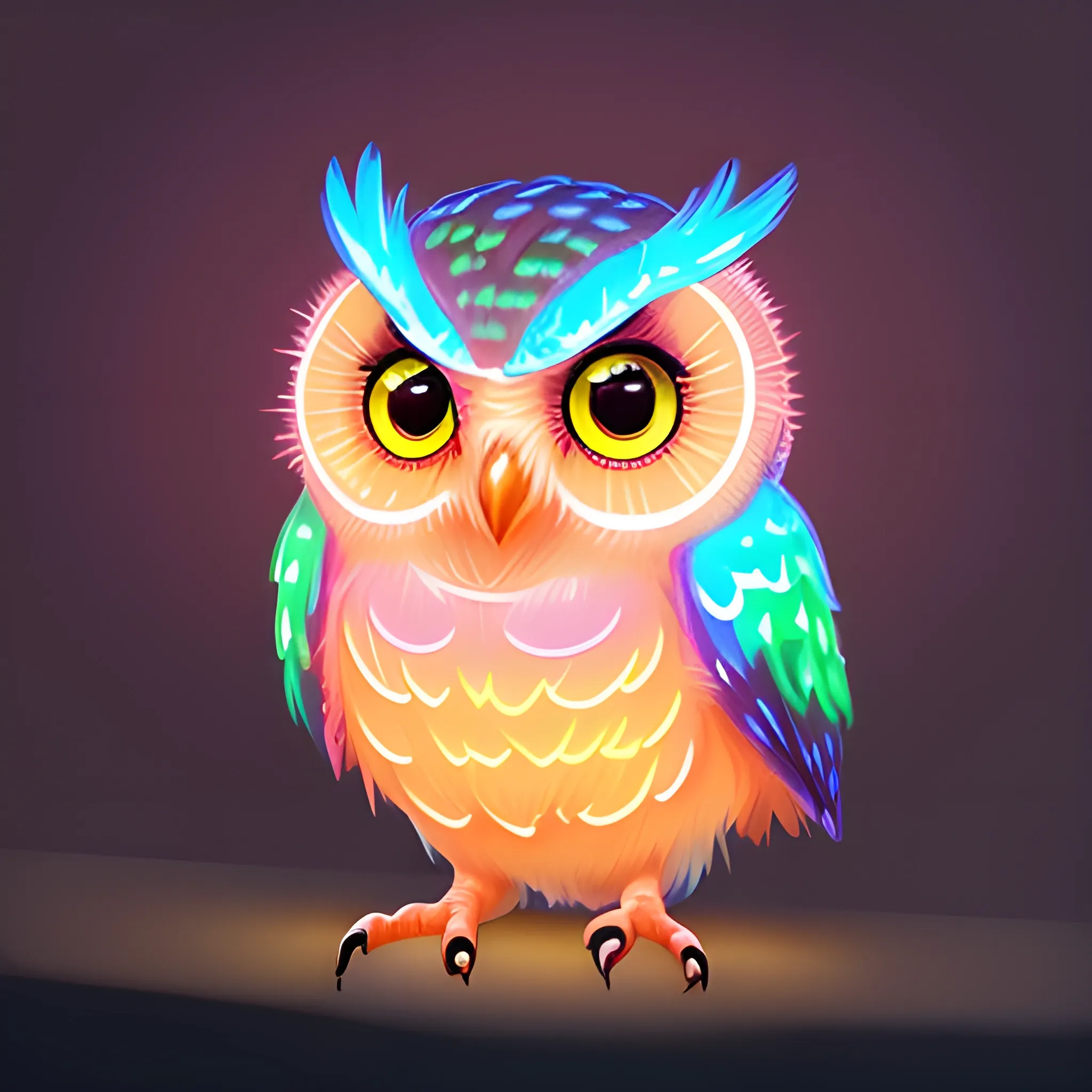 Pixar style bright sparkling twinkling bright neon cute very bright neon colored fluffy OWL surrounded by luminous floating pink sparkles, red, orange yellow, high detail, volumetric lighting, HD, 8K, adorable, wlop, by Lius Lasahido, Michal Lisowski; Insanely detailed front view close-up portrait painting of a Neon coloured Owl; the Owl's appearance: playful, cute, adorable, fluffy feathers, round golden eyes, sharp beak, Genres: Whimsical, Fantasy; Styles: Cartooncore; Techniques: Hyperrealism, Impressionism