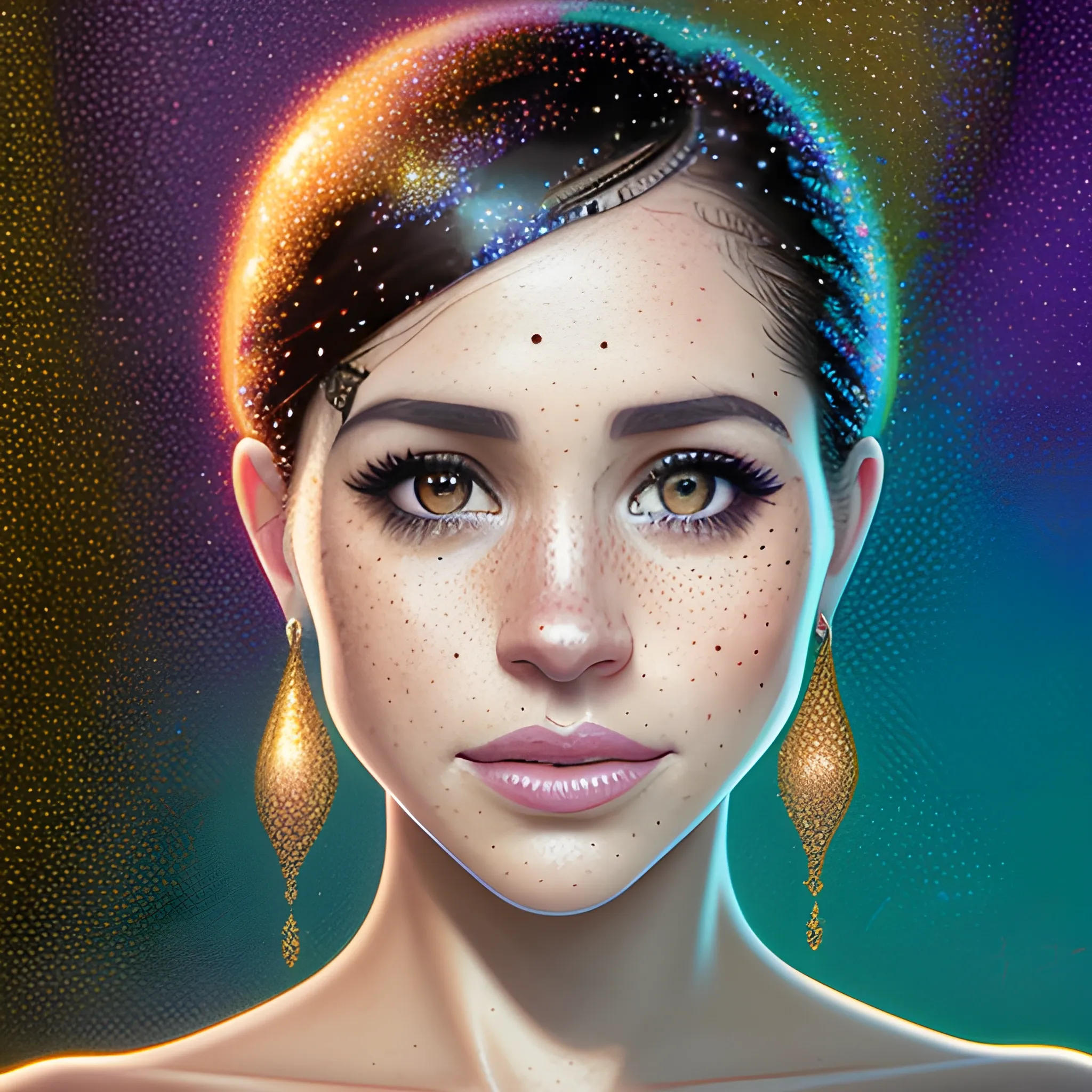 hyperdetailed oil on canvas, beautiful Meghan Markle, beautiful brown gold speckled eyes, her perfect, softly freckled, precisely detailed face, multi-hued dark hair, purple blue pink luminous color sparkles; Aja Trier, James R. Eads, Gawki, rajewel, Tania Rivilis, glitter, airbrush, Octane Render, volumetric lighting