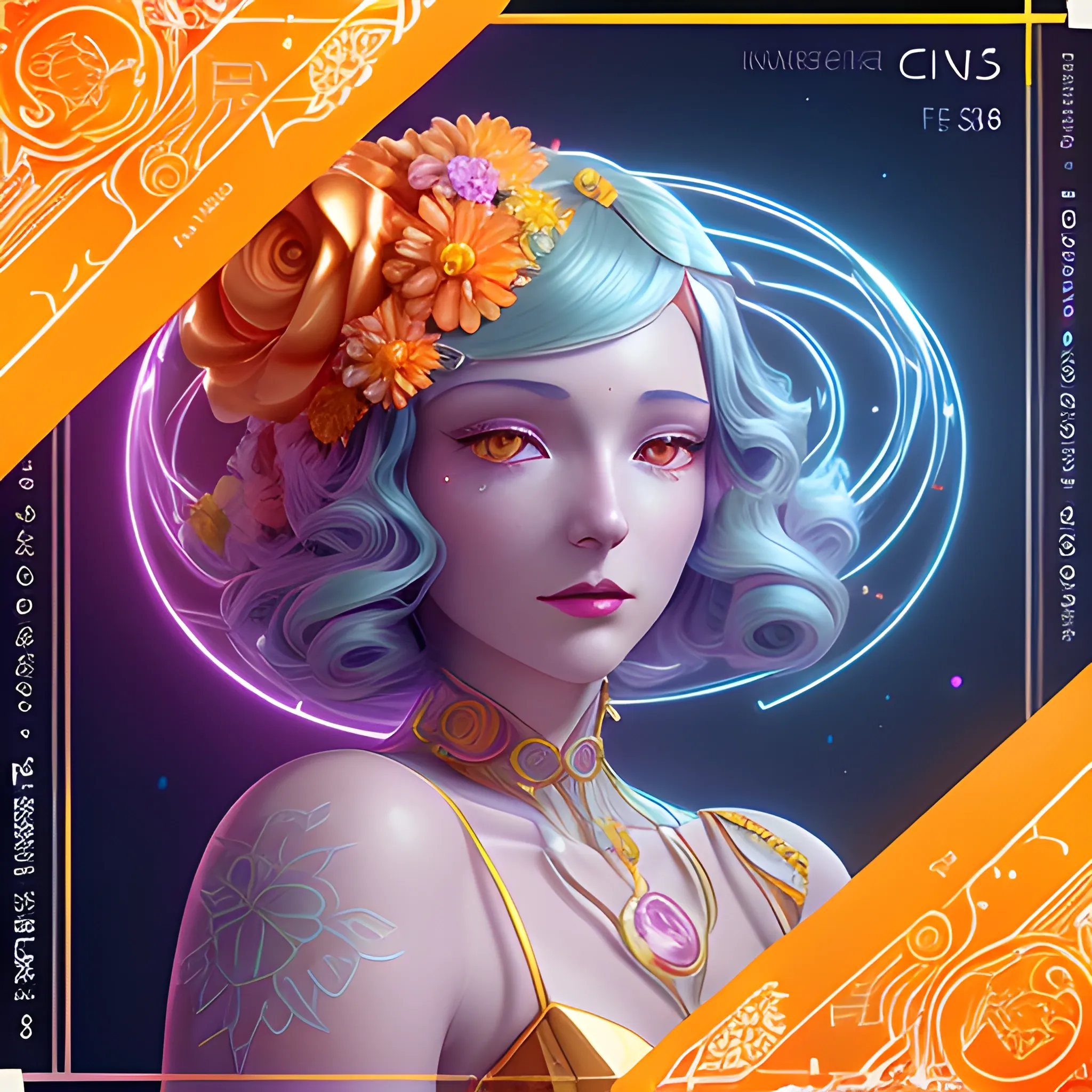 spring goddess, Beautiful Art Deco woman, in an elegant pastel orange hat, in a metallic shiny dress, between yellow, white and orange flowers, in style of Catherine Abel; colorful detailed patterns; WLOP, Amanda Sage; hyper modernism concept art; 4K 8K resolution; Cinema 4D IMAX Unreal Engine 5; photorealistic eldritch elaborate; hyperrealism; sharp focus filmic; IMAX Cinema 4D Unreal Engine 5; beautiful fantastical ethereal glowing neon hyperdetailed; fantasy comic art anime
