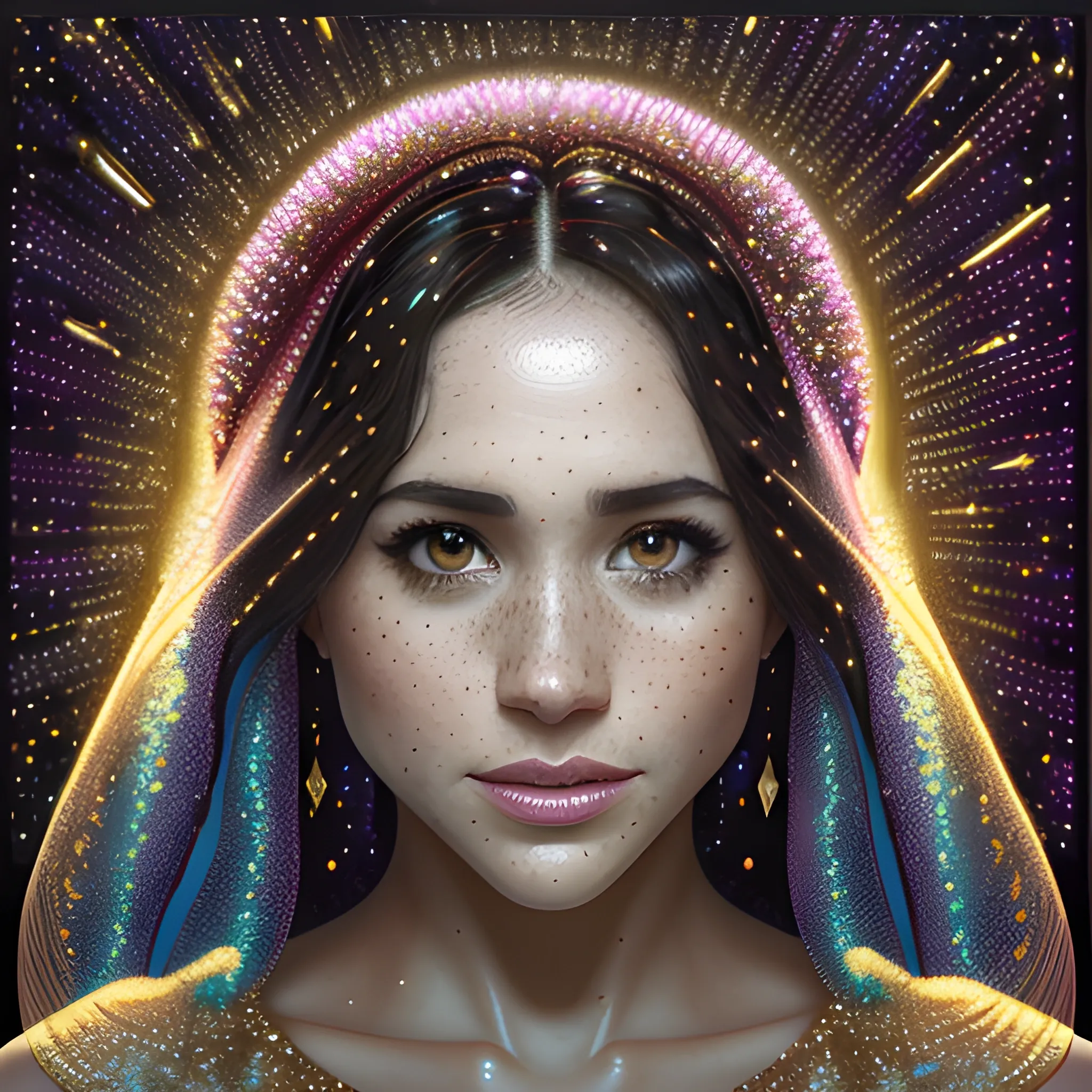 hyperdetailed oil on canvas, beautiful Meghan Markle, beautiful brown gold speckled eyes, her perfect, softly freckled, precisely detailed face, multi-hued dark hair, purple blue pink luminous color sparkles; Aja Trier, James R. Eads, Gawki, rajewel, Tania Rivilis, glitter, airbrush, Octane Render, volumetric lighting