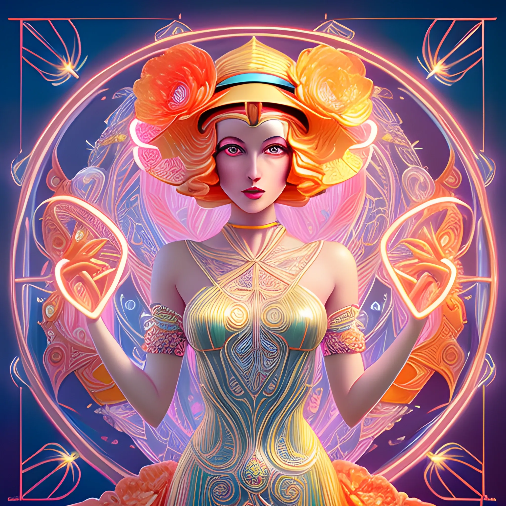 spring goddess, Beautiful Art Deco woman, in an elegant pastel orange hat, in a metallic shiny dress, yellow, white and orange flowers, in style of Catherine Abel; colorful detailed patterns; hyper modernism concept art; Cinema 4D IMAX Unreal Engine 5; photorealistic eldritch elaborate; hyperrealism; sharp focus filmic; IMAX Cinema 4D Unreal Engine 5; beautiful fantastical ethereal glowing neon hyperdetailed; fantasy comic art anime