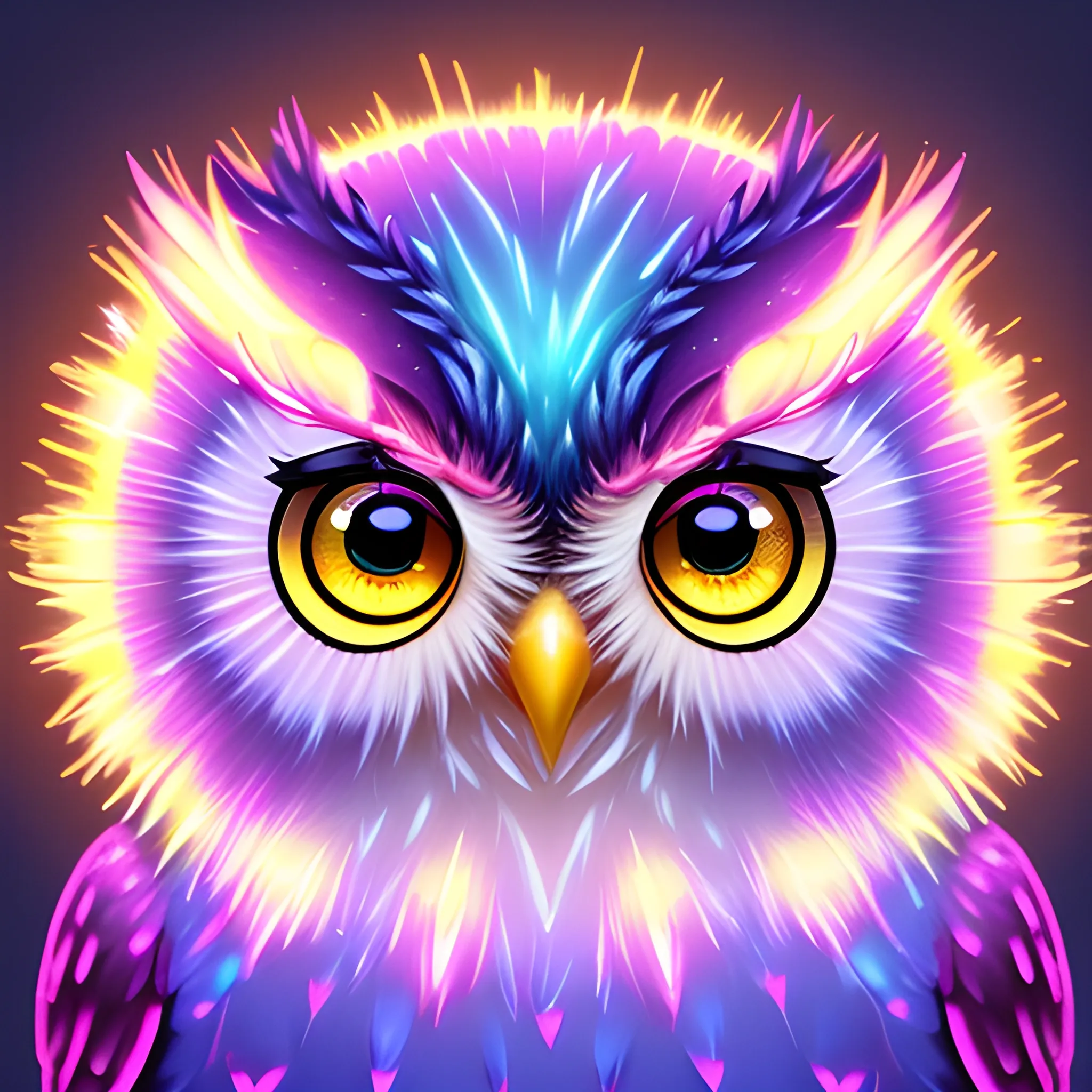 Pixar style bright sparkling twinkling bright neon cute very bright neon colored fluffy OWL surrounded by luminous floating pink sparkles, red, orange yellow, high detail, volumetric lighting, HD, 8K, adorable, wlop, by Lius Lasahido, Michal Lisowski; Insanely detailed front view close-up portrait painting of a Neon coloured Owl; the Owl's appearance: playful, cute, adorable, fluffy feathers, round golden eyes, sharp beak, Genres: Whimsical, Fantasy; Styles: Cartooncore; Techniques: Hyperrealism, Impressionism