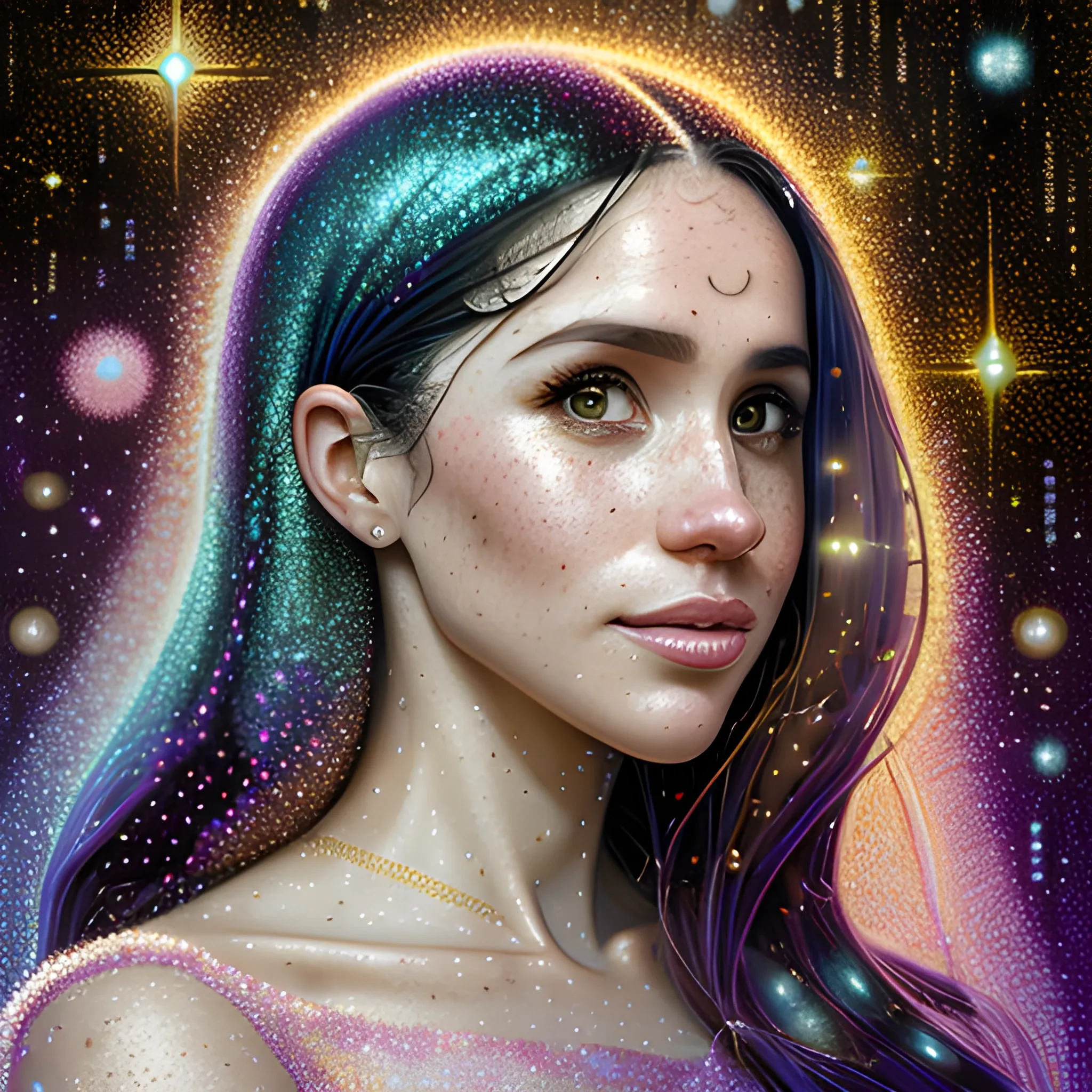 hyperdetailed oil on canvas, beautiful Meghan Markle, beautiful brown gold speckled eyes, her perfect, softly freckled, precisely detailed face, multi-hued dark hair, purple blue pink luminous color sparkles; Aja Trier, James R. Eads, Gawki, rajewel, Tania Rivilis, glitter, airbrush, Octane Render, volumetric lighting