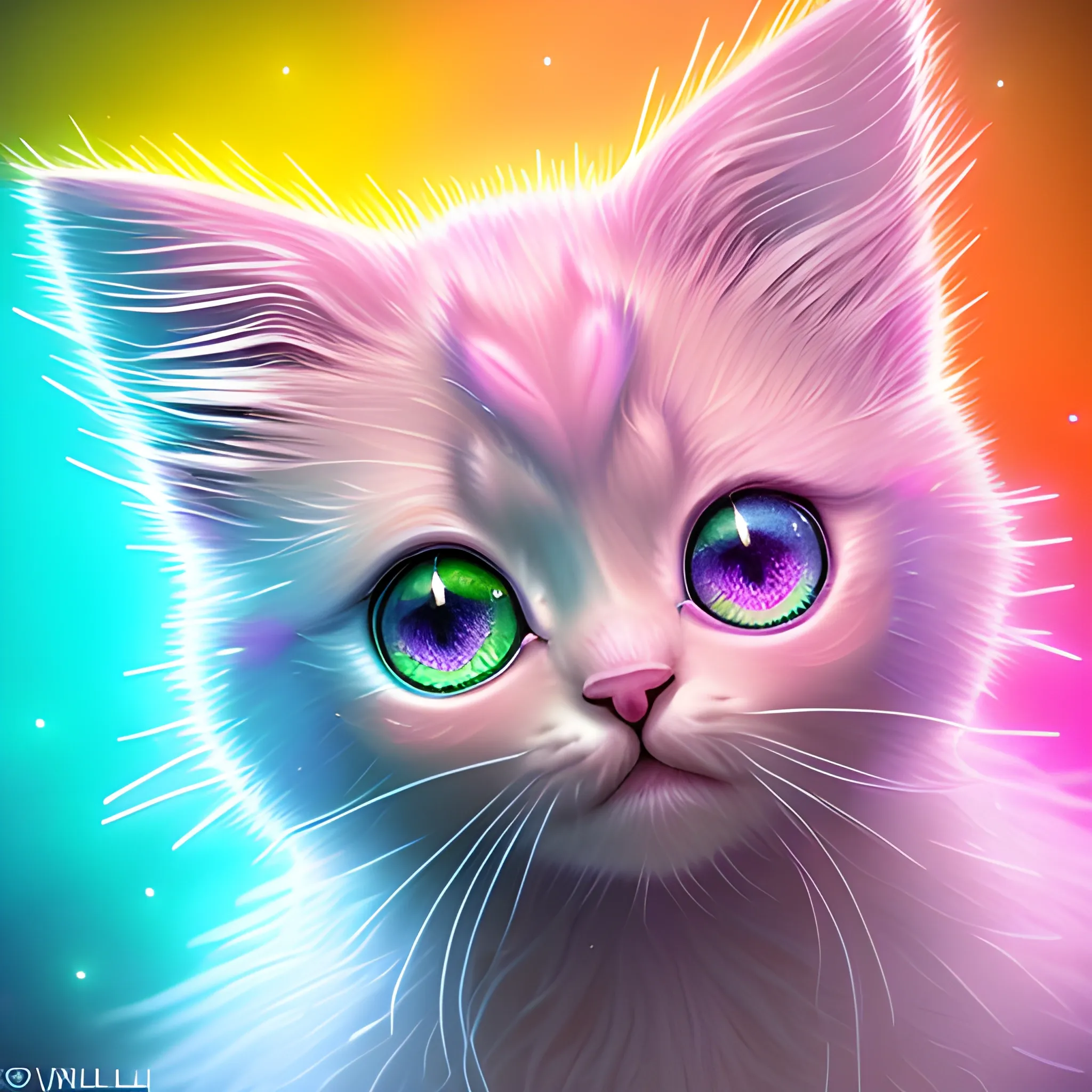 Pixar style bright sparkling twinkling bright neon cute very bright neon colored fluffy kitten surrounded by luminous floating pink sparkles, red, orange yellow, high detail, volumetric lighting, HD, 8K, adorable, wlop, by Lius Lasahido, Michal Lisowski; Insanely detailed front view close-up portrait painting of a Neon colored kitten; playful, cute, adorable, fluffy, round golden eyes, Genres: Whimsical, Fantasy; Styles: Cartooncore; Techniques: Hyperrealism, Impressionism