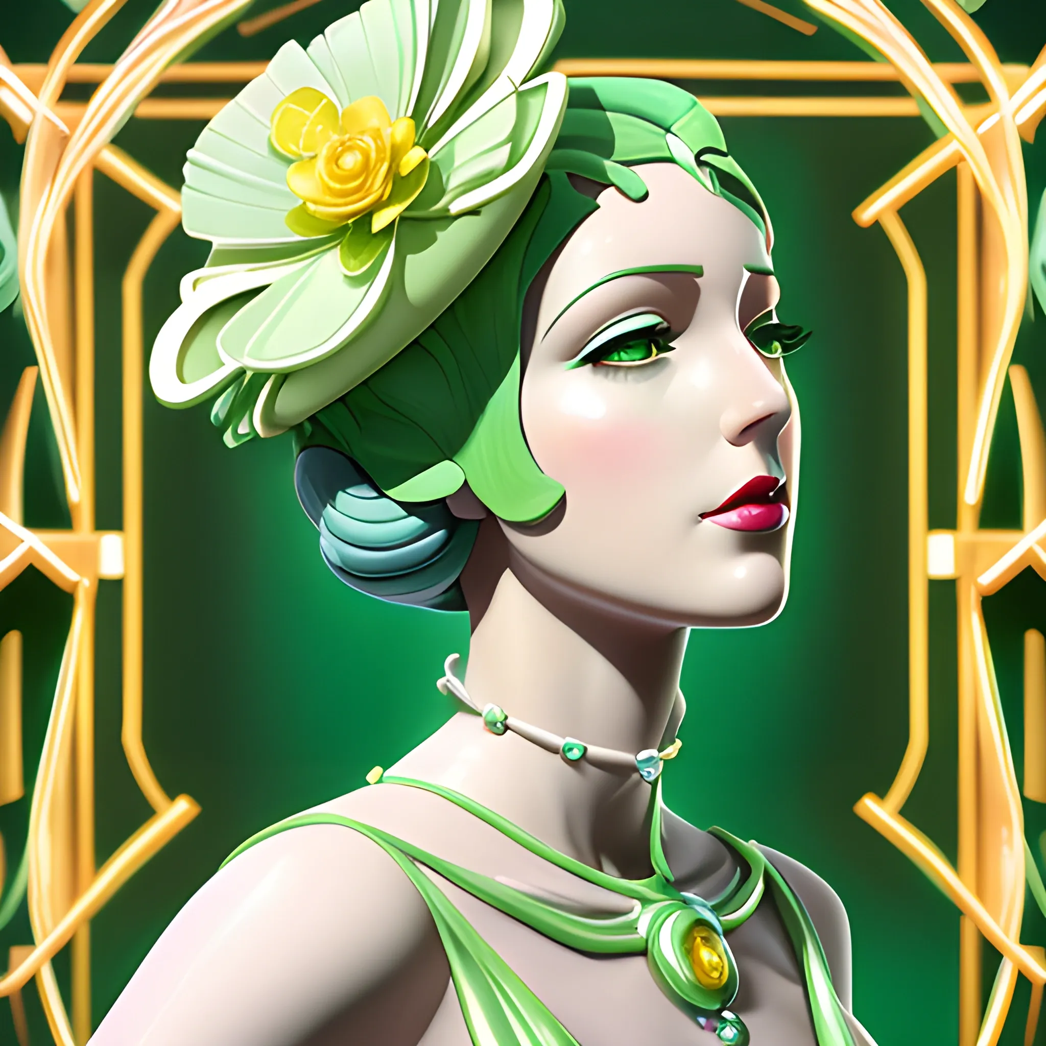 spring goddess, Beautiful Art Deco woman, in an elegant pastel green hat, in a metallic shiny dress, green, white and yellow flowers, in style of Catherine Abel; hyper modernism concept art; Cinema; photorealistic eldritch elaborate; hyperrealism; sharp focus filmic; IMAX Cinema 4D Unreal Engine 5; beautiful fantastical ethereal glowing neon hyperdetailed; fantasy comic art anime