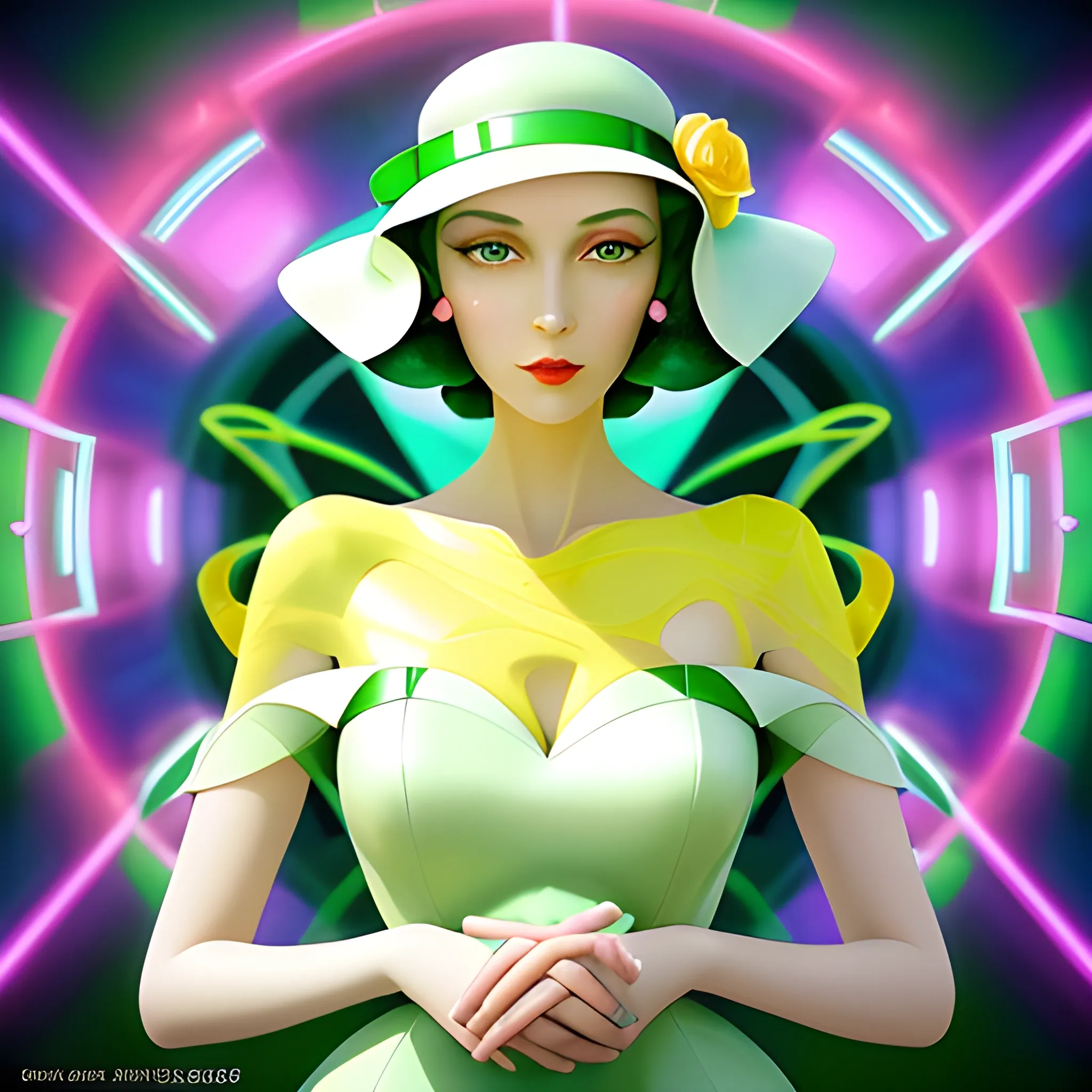 spring goddess, Beautiful Art Deco woman, in an elegant pastel green hat, in a metallic shiny dress, green, white and yellow flowers, in style of Catherine Abel; hyper modernism concept art; Cinema; photorealistic eldritch elaborate; hyperrealism; sharp focus filmic; IMAX Cinema 4D Unreal Engine 5; beautiful fantastical ethereal glowing neon hyperdetailed; fantasy comic art anime