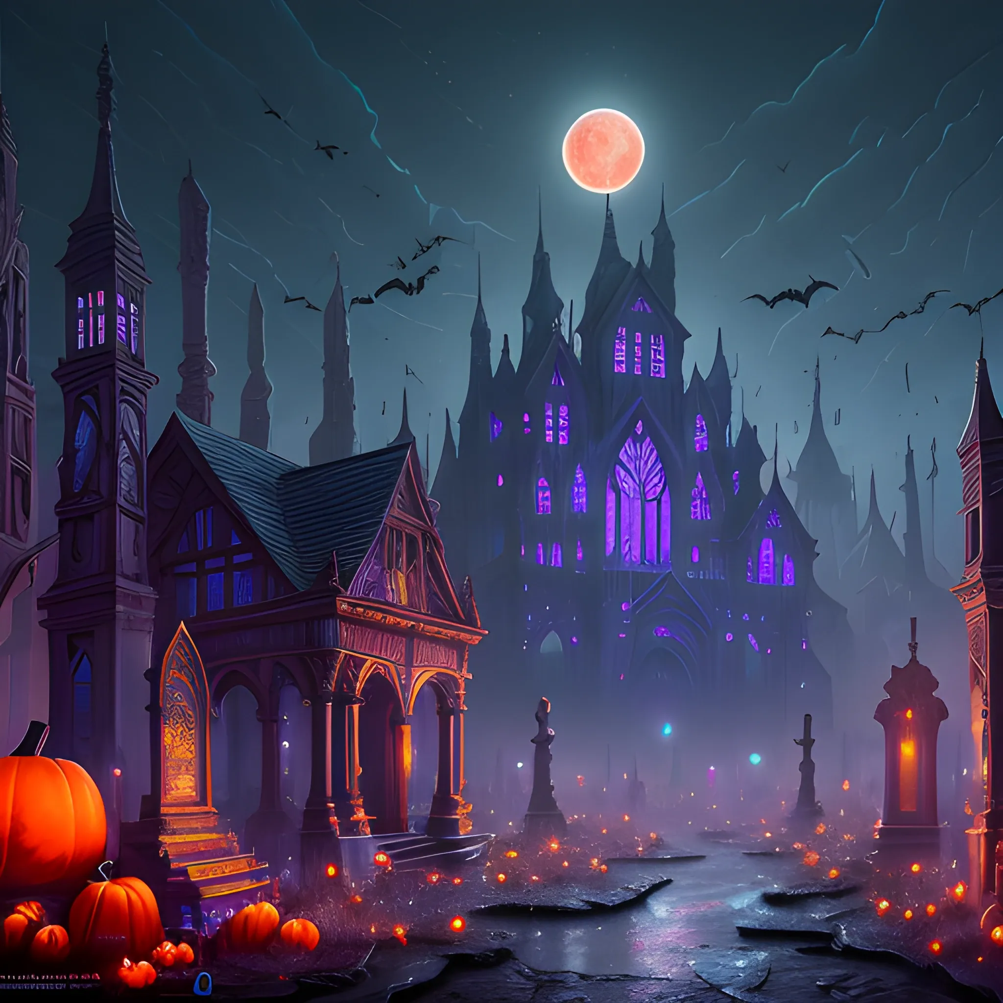 hyperdetailed oil on canvas, red moon shining down on a graveyard, pumpkins, bats, orange, purple, luminous colorful sparkles, haunted, ominous, eldritch, macabre, spooky; by James R. Eads, Gawki, rajewel, Tania Rivilis, Dan Mumford, glitter, airbrush, Octane Render, elegant, volumetric lighting, 16k; detailed matte painting, deep color, fantastical, intricate detail, splash screen, complementary colors, fantasy concept art, 8k resolution trending on Artstation Unreal Engine 5