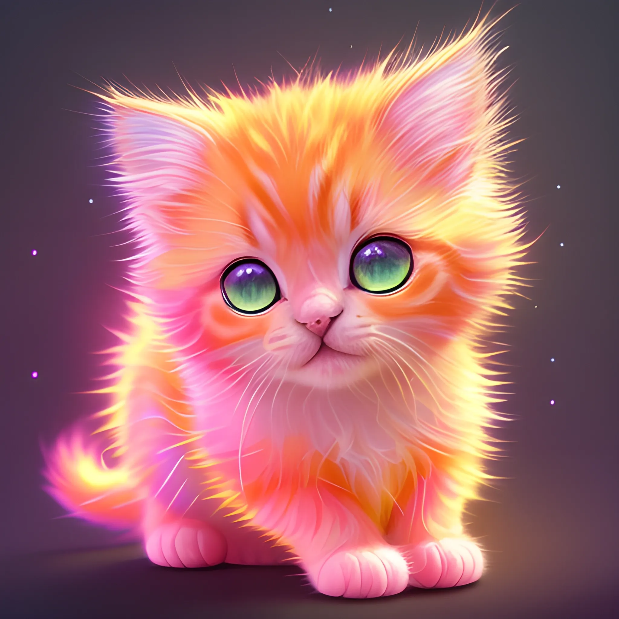 Pixar style bright sparkling twinkling bright neon cute very bright neon colored fluffy kitten surrounded by luminous floating pink sparkles, red, orange yellow, high detail, volumetric lighting, HD, 8K, adorable, wlop, by Lius Lasahido, Michal Lisowski; Insanely detailed front view close-up portrait painting of a Neon colored kitten; playful, cute, adorable, fluffy, round golden eyes, Genres: Whimsical, Fantasy; Styles: Cartooncore; Techniques: Hyperrealism, Impressionism