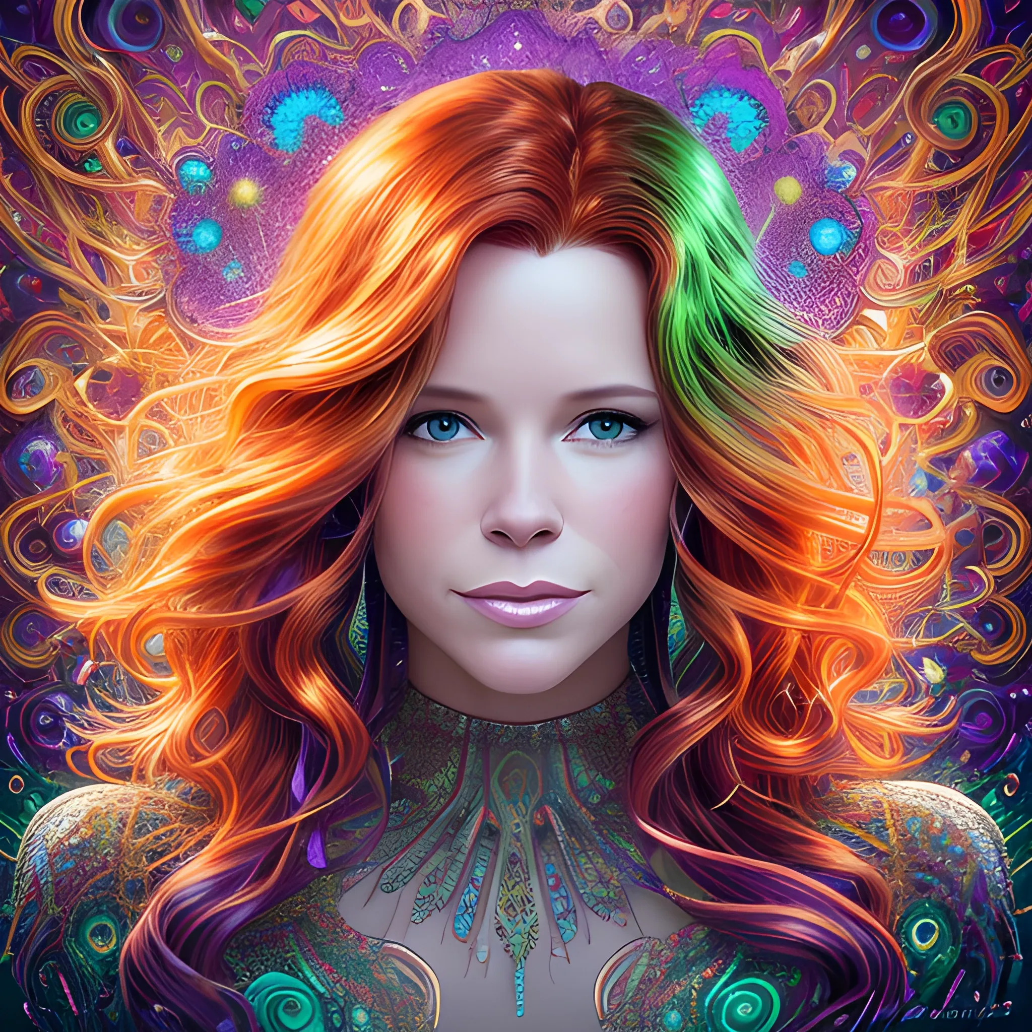 hyperdetailed oil on canvas, Robyn Lively, her striking brown eyes, flawless, unblemished face, meticulously detailed long red hair, blue, green, purple, luminous colorful sparkles; James R. Eads, Gawki, rajewel, Tania Rivilis, Dan Mumford, glitter, airbrush, Octane Render, elegant, volumetric lighting 16k