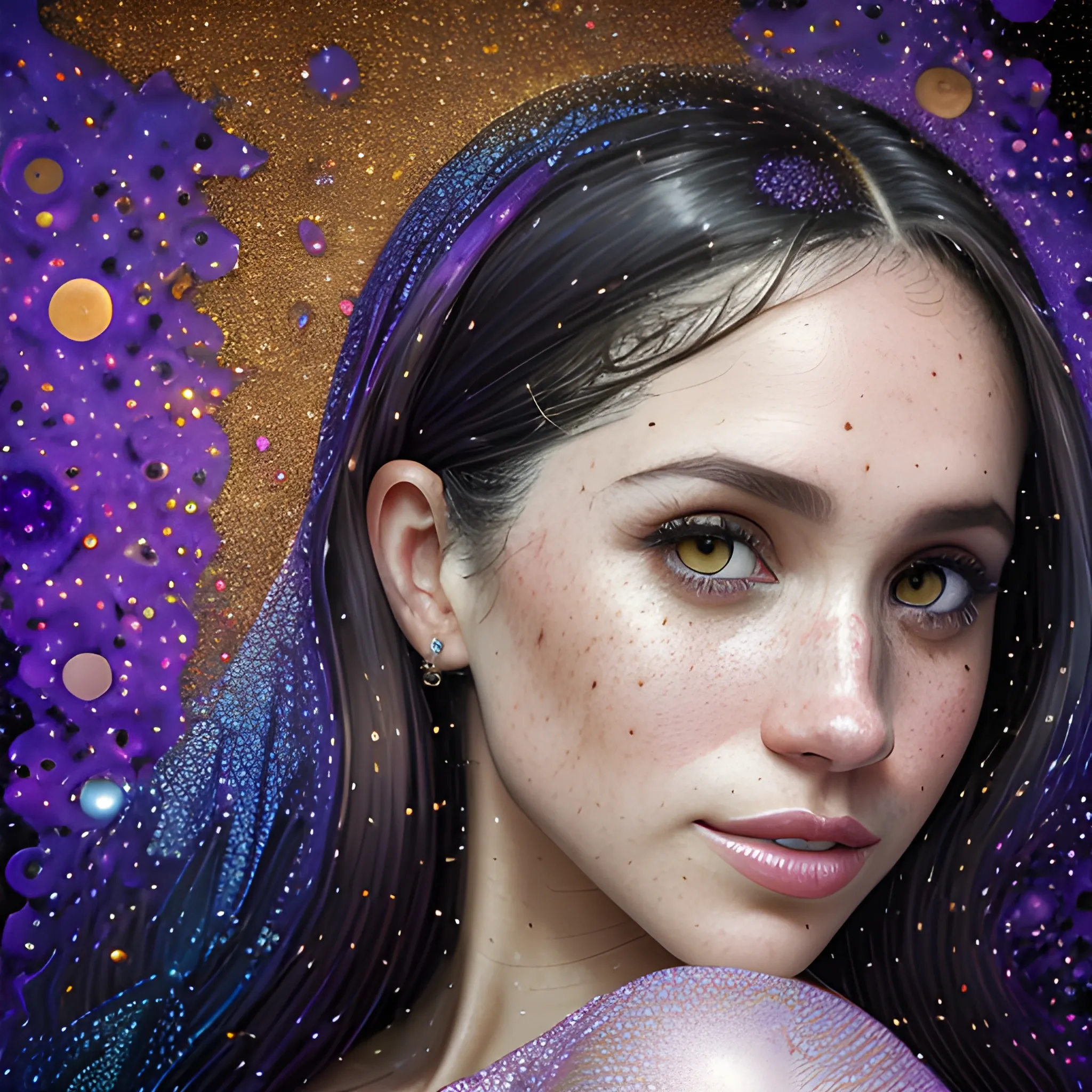 hyperdetailed oil on canvas, beautiful Meghan Markle, beautiful brown gold speckled eyes, her perfect, softly freckled, precisely detailed face, multi-hued dark hair, purple blue pink luminous color sparkles; Aja Trier, James R. Eads, Gawki, rajewel, Tania Rivilis, glitter, airbrush, Octane Render, volumetric lighting