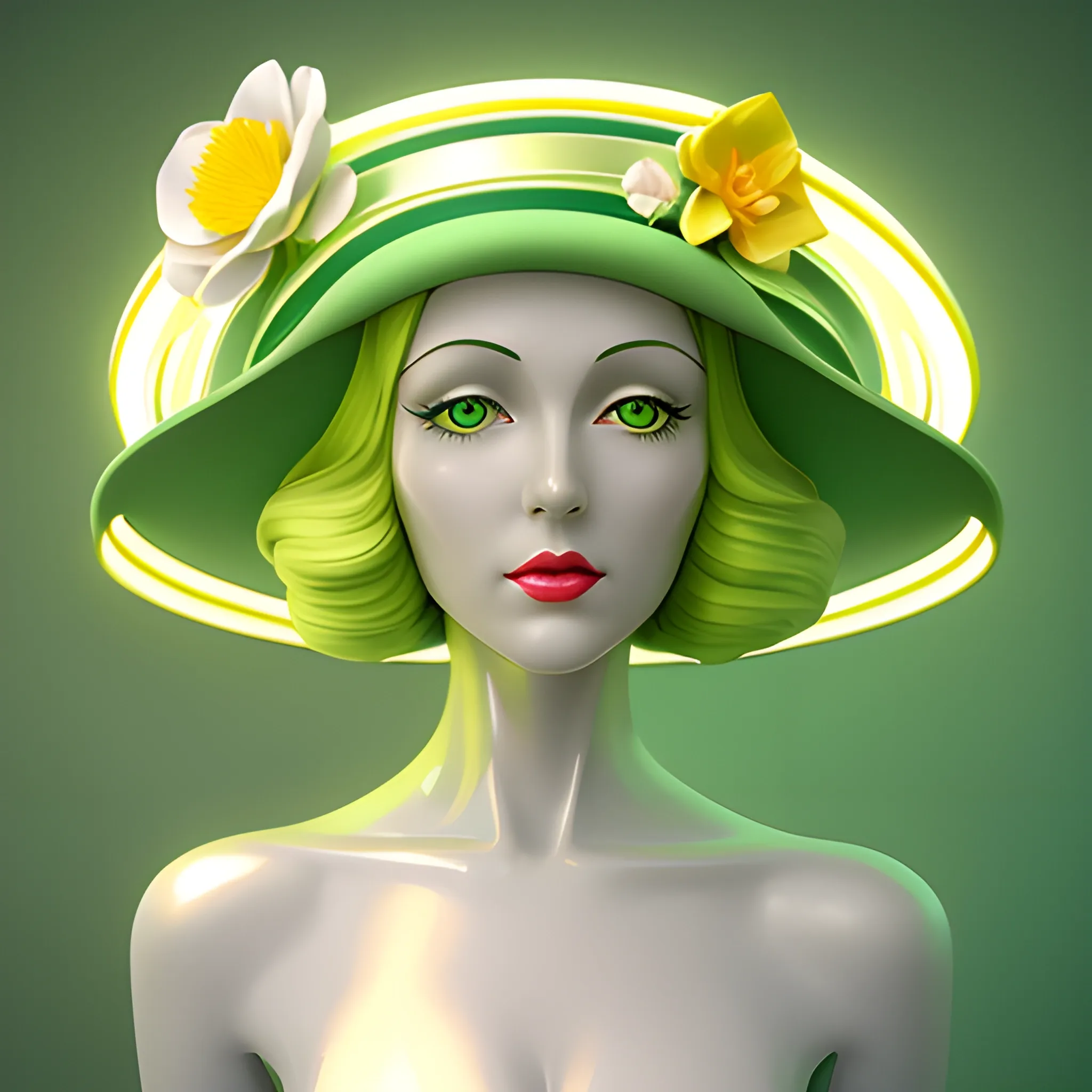 spring goddess, Beautiful Art Deco woman, in an elegant pastel green hat, in a metallic shiny dress, green, white and yellow flowers, in style of Catherine Abel; hyper modernism concept art; Cinema; photorealistic eldritch elaborate; hyperrealism; sharp focus filmic; IMAX Cinema 4D Unreal Engine 5; beautiful fantastical ethereal glowing neon hyperdetailed; fantasy comic art anime