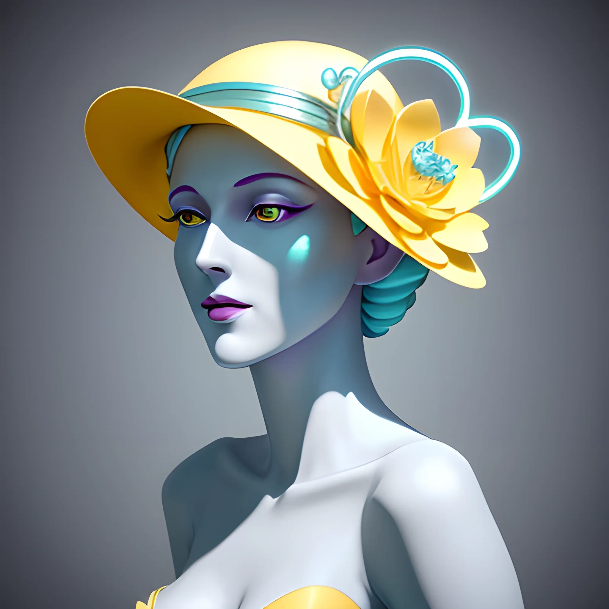 spring goddess, Beautiful Art Deco woman, in an elegant pastel blue hat, in a metallic shiny dress, blue, white and yellow flowers, in style of Catherine Abel; hyper modernism concept art; Cinema; photorealistic eldritch elaborate; hyperrealism; sharp focus filmic; IMAX Cinema 4D Unreal Engine 5; beautiful fantastical ethereal glowing neon hyperdetailed; fantasy comic art anime