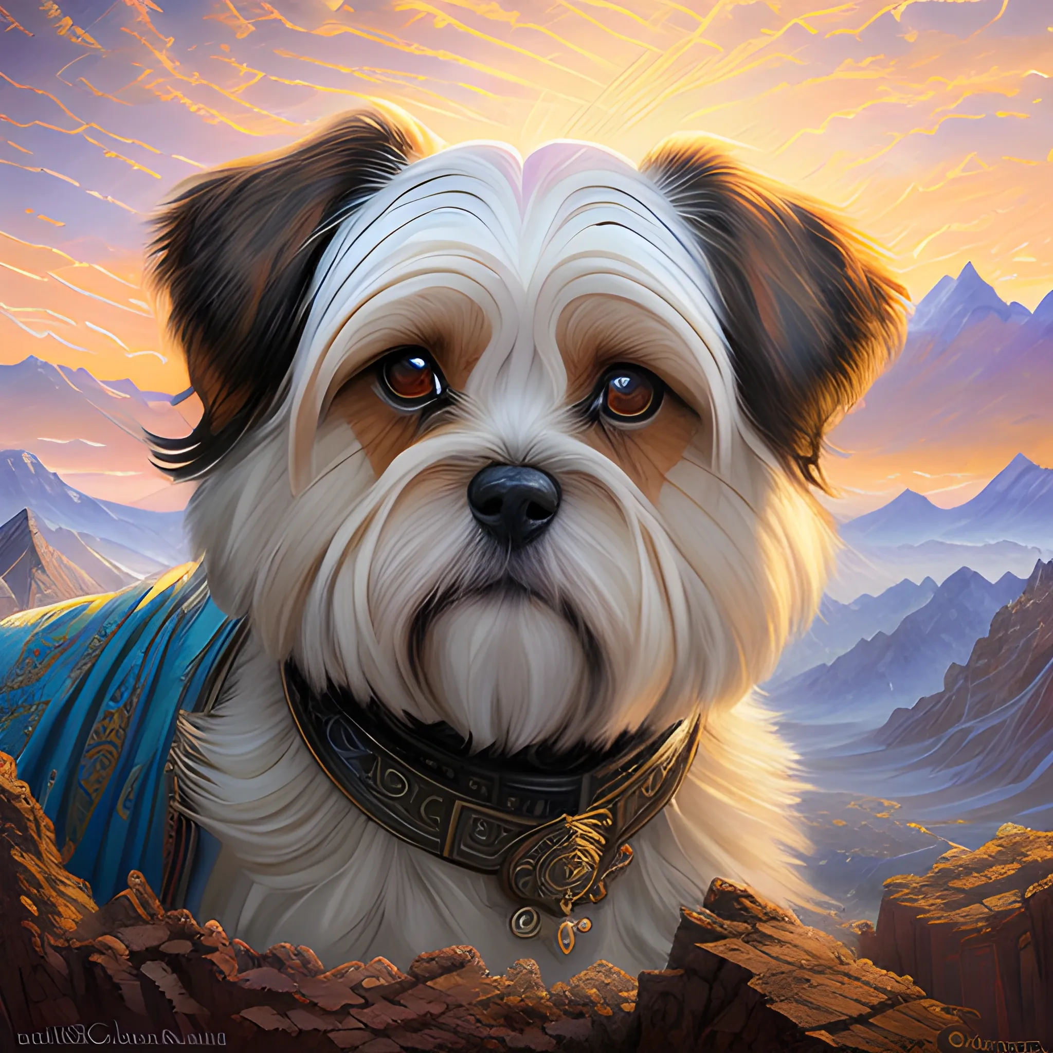 Lhasa Apso” perfect eyes, matte painting Elegant, beautiful rendered aesthetic expression of the Sublime by Android Jones, Shepard Fairey, Josephine Wall, Carlo Crivelli, Scott Naismith, Sandra Chevrier, Giotto Di Bondone; high resolution, digital art, intricate details Perfect composition subtractive lighting, hyper realistic 16k Octane render wide angle design masterwork; oil painting by James Gurney