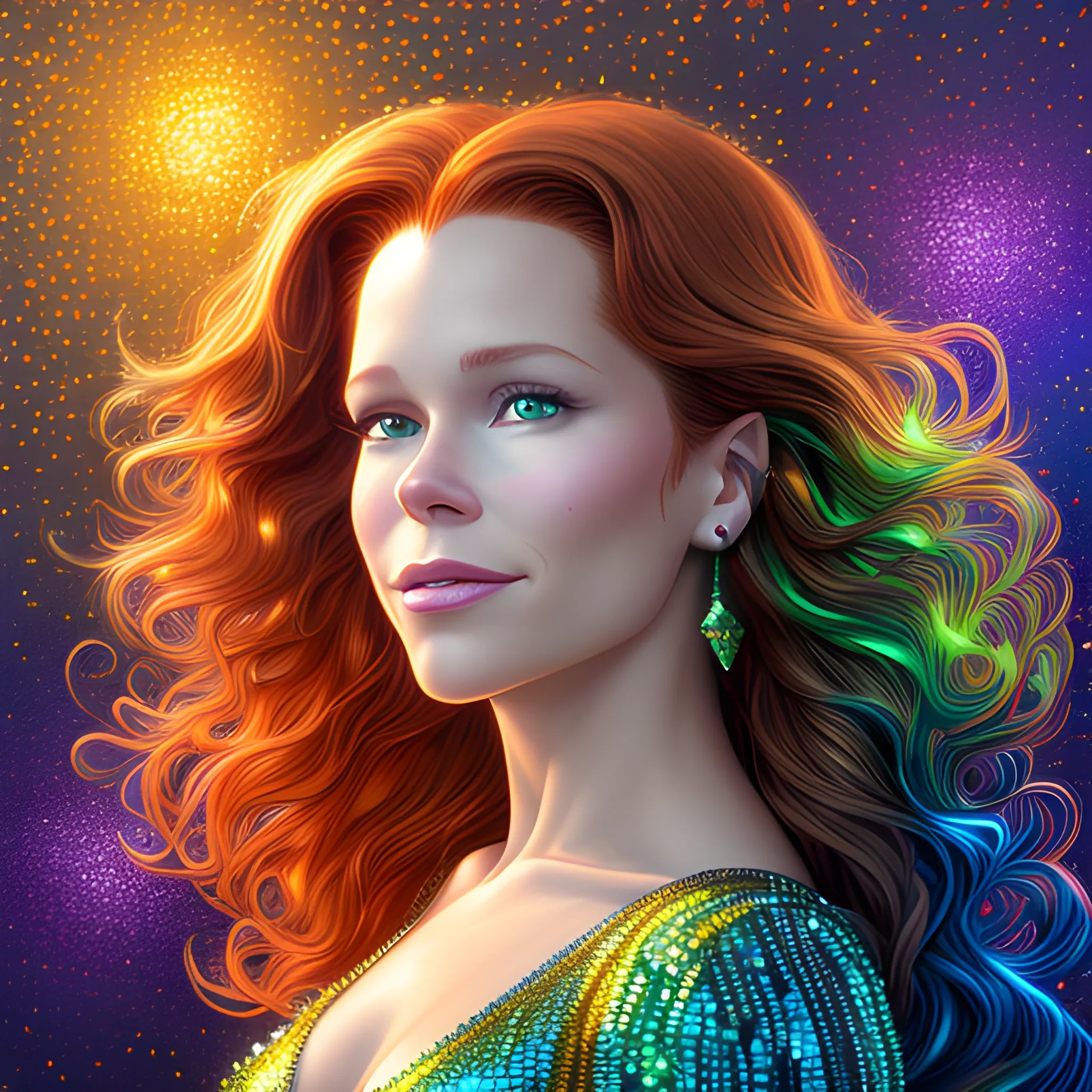 hyperdetailed oil on canvas, Robyn Lively, her striking brown eyes, flawless, unblemished face, meticulously detailed long red hair, brown eyes; blue, green, purple, luminous colorful sparkles; James R. Eads, Gawki, rajewel, Tania Rivilis, Dan Mumford, glitter, airbrush, Octane Render, elegant, volumetric lighting 16k, Cartoon