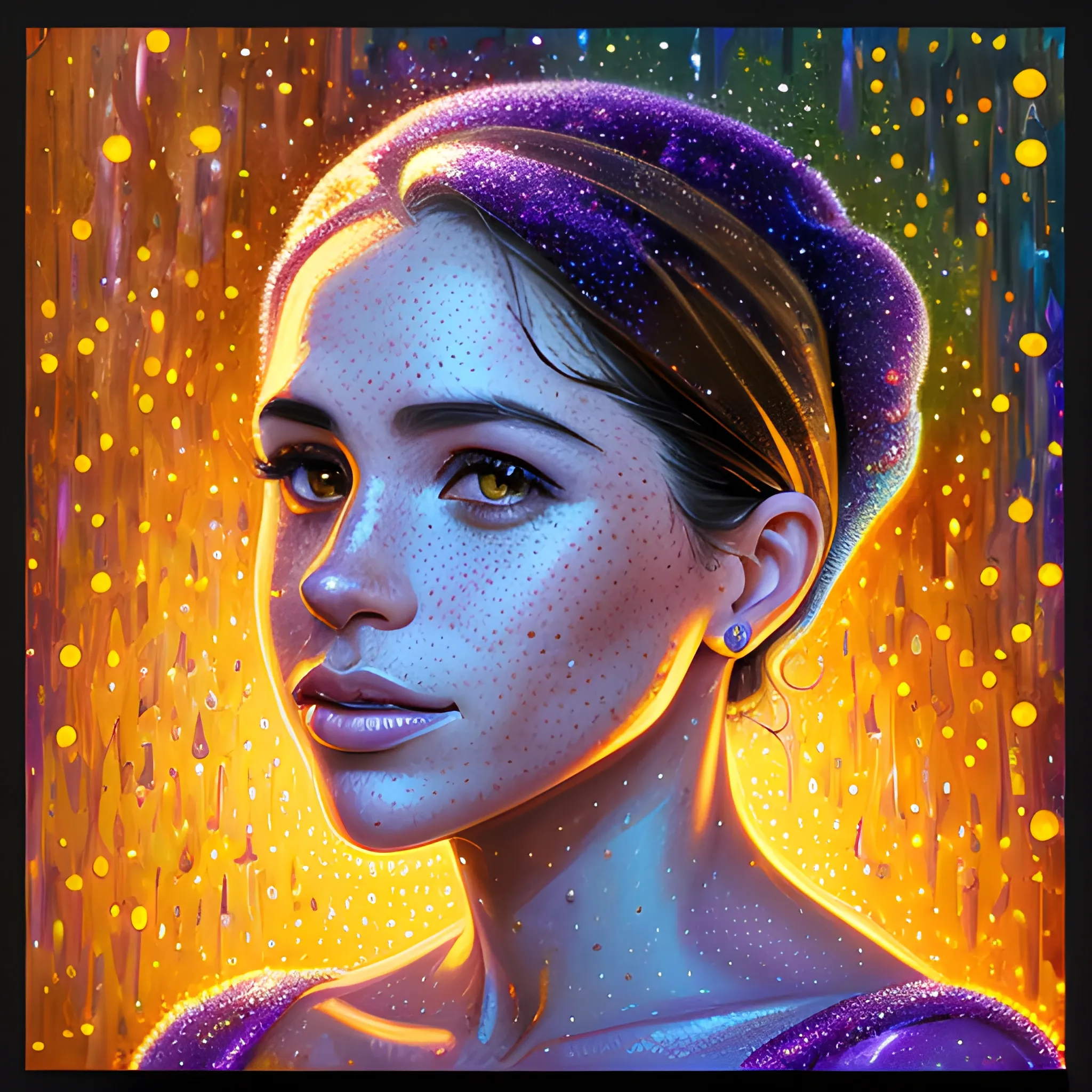 hyperdetailed oil on canvas, beautiful Meghan Markle, beautiful brown gold speckled eyes, her perfect, softly freckled, precisely detailed face, multi-hued dark hair, purple blue pink luminous color sparkles; Aja Trier, James R. Eads, Gawki, rajewel, Tania Rivilis, glitter, airbrush, Octane Render, volumetric lighting, Oil Painting, Cartoon