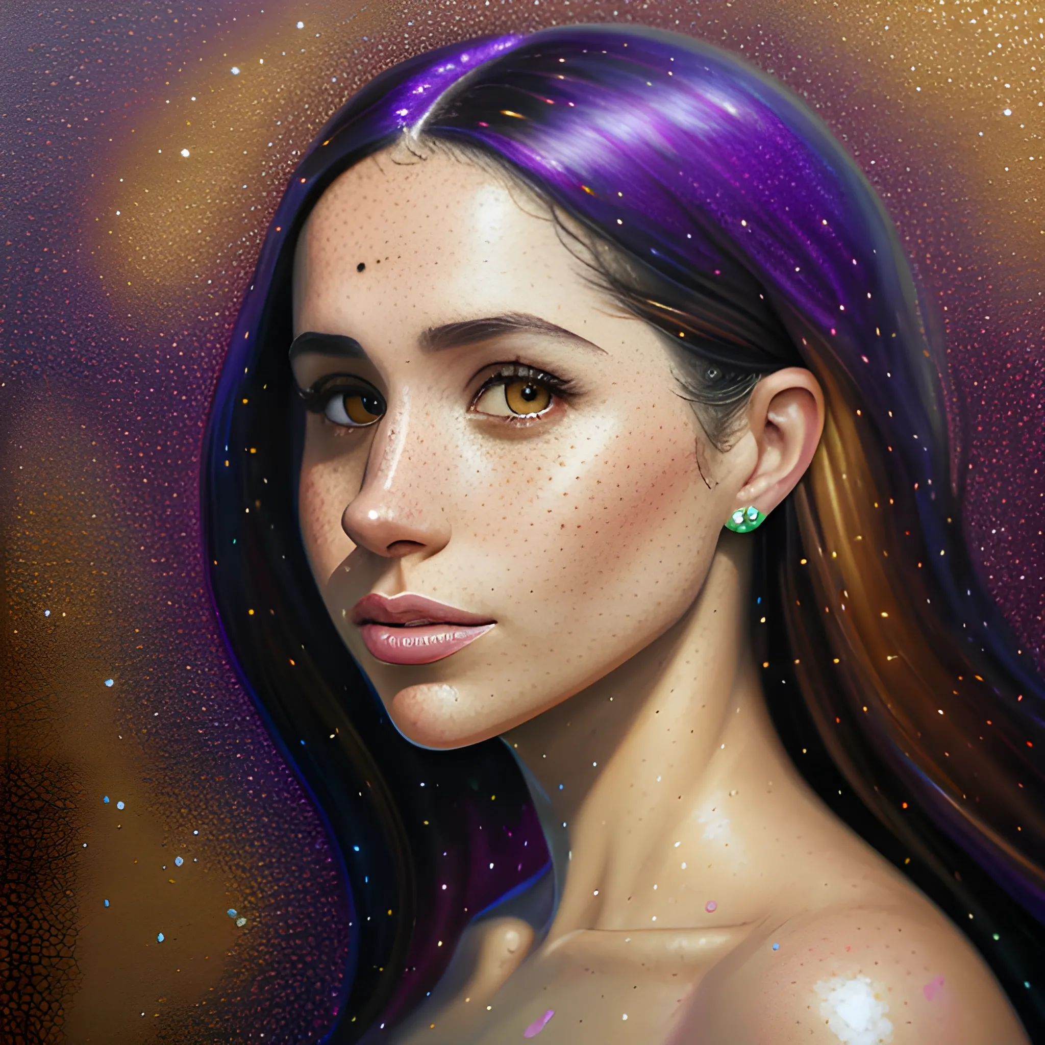 hyperdetailed oil on canvas, beautiful Meghan Markle, beautiful brown gold speckled eyes, her perfect, softly freckled, precisely detailed face, multi-hued dark hair, purple blue pink luminous color sparkles; Aja Trier, James R. Eads, Gawki, rajewel, Tania Rivilis, glitter, airbrush, Octane Render, volumetric lighting, Oil Painting, Cartoon