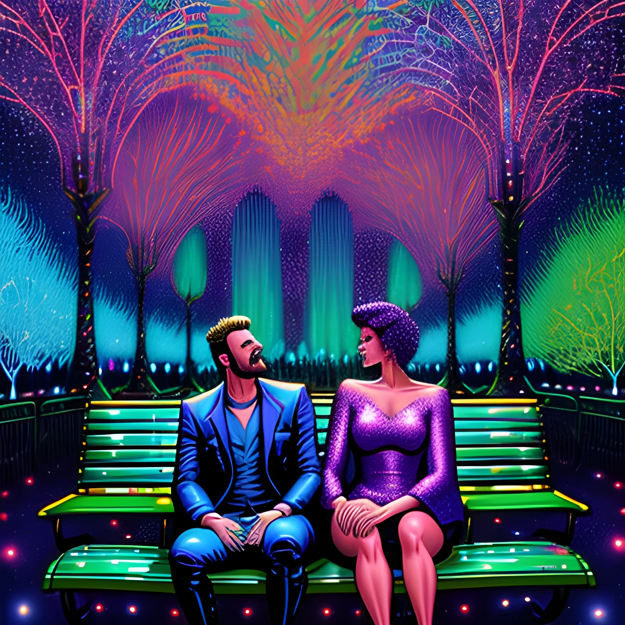 hyperdetailed oil on canvas, cool teens on a park bench, blue, green, purple, luminous colorful sparkles, by James R. Eads, Gawki, rajewel, Tania Rivilis, Dan Mumford, glitter, airbrush, Octane Render, elegant, volumetric lighting, 16k