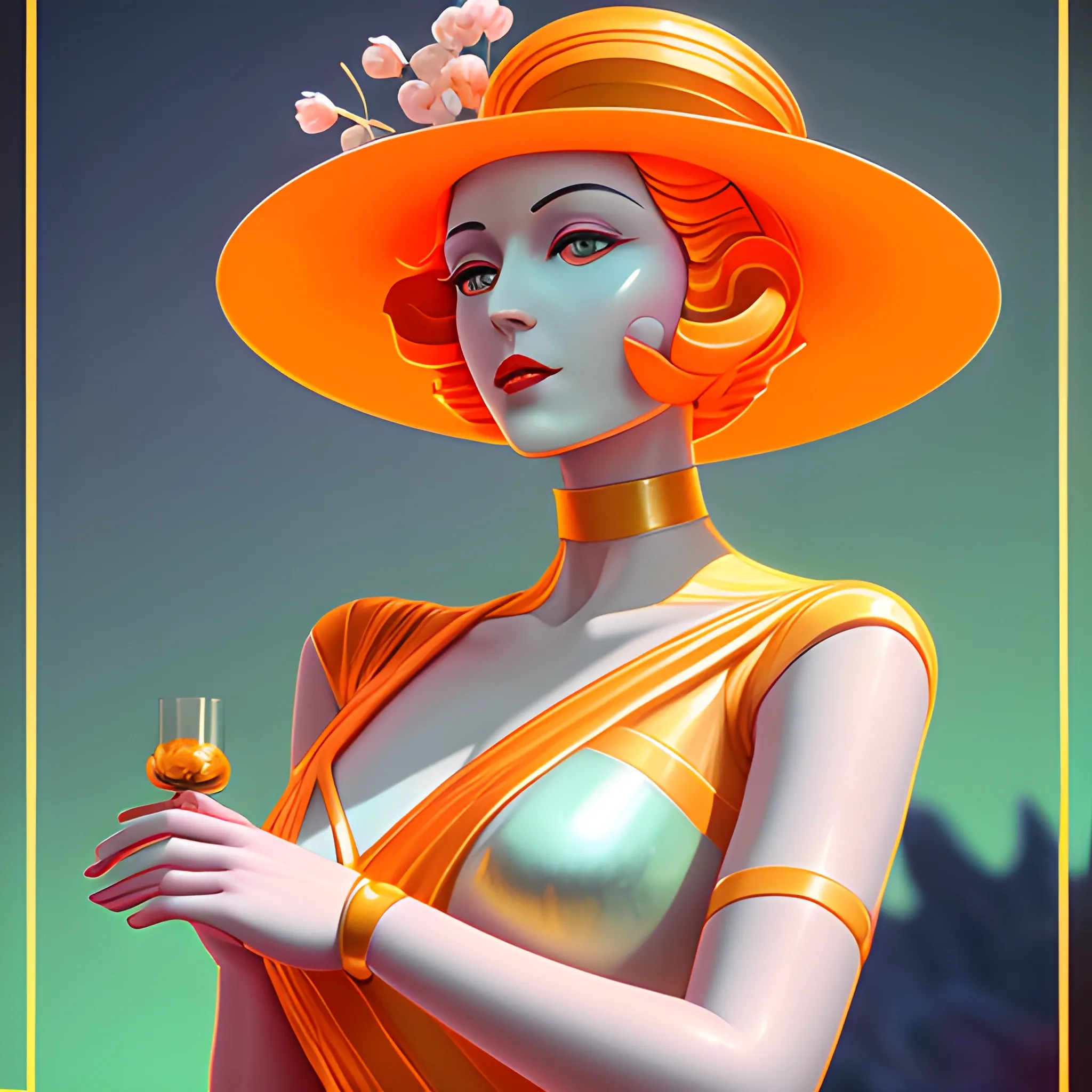 spring goddess, Beautiful Art Deco woman, in an elegant pastel orange hat, in a metallic shiny dress, orange, white and purple flowers, in style of Catherine Abel; hyper modernism concept art; Cinema; photorealistic eldritch elaborate; hyperrealism; sharp focus filmic; IMAX Cinema 4D Unreal Engine 5; beautiful fantastical ethereal glowing neon hyperdetailed; fantasy comic art anime