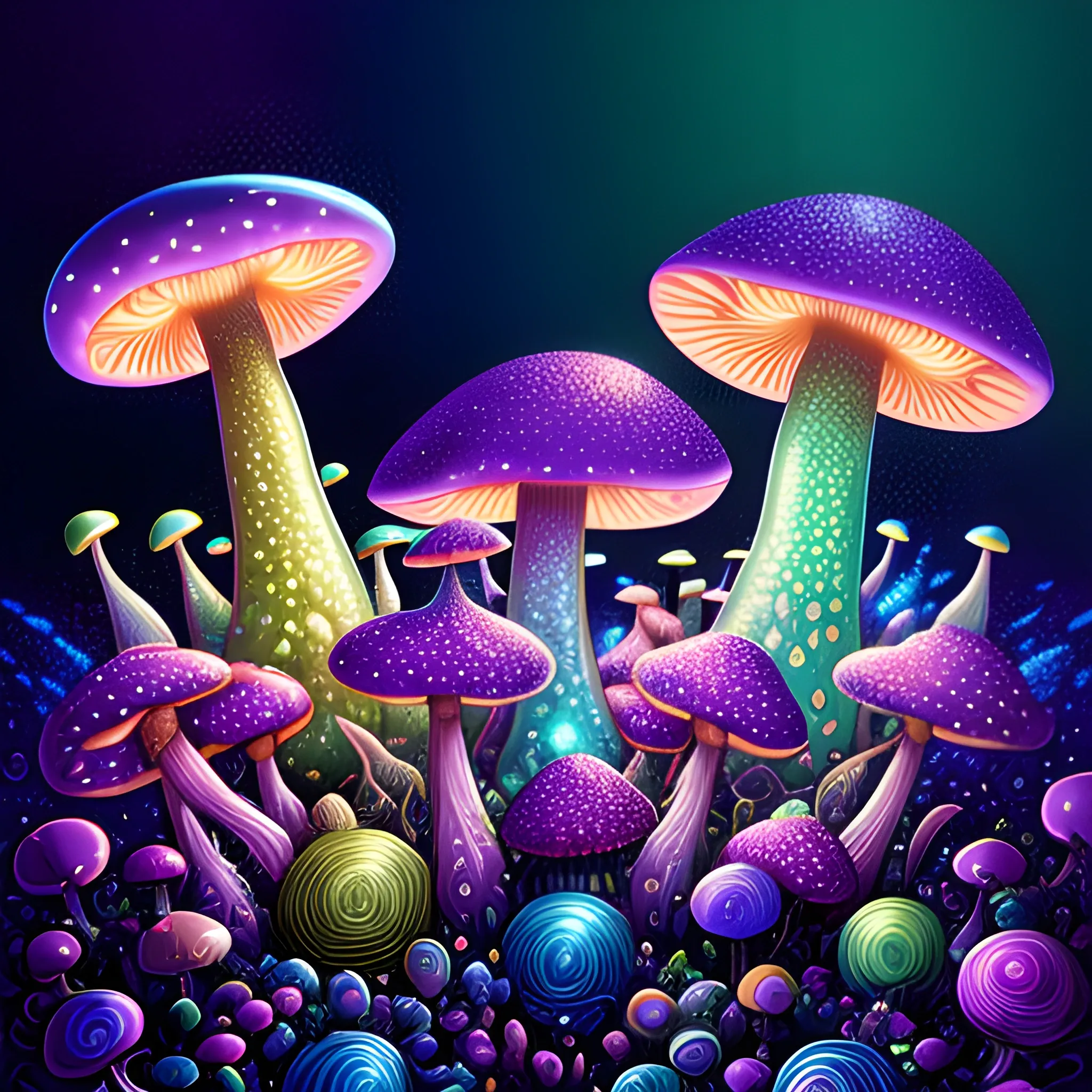 weird mushrooms, blue, green, purple, luminous colorful sparkles, by James R. Eads, Gawki, rajewel, Tania Rivilis, Dan Mumford, glitter, airbrush, Octane Render, elegant, volumetric lighting, 16k