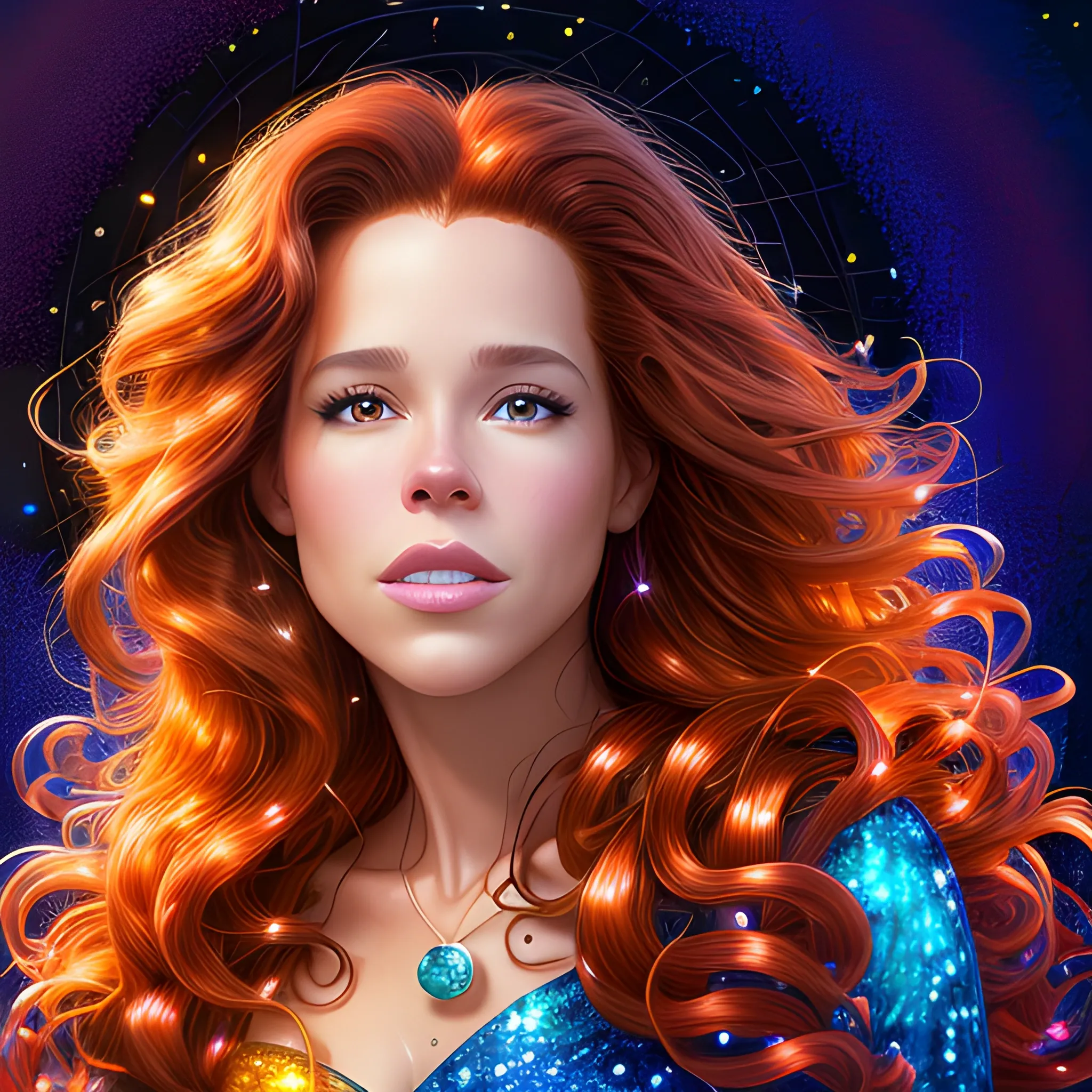 hyperdetailed oil on canvas, brown eyes, Robyn Lively, her striking brown eyes, flawless, unblemished face, meticulously detailed long red hair, brown eyes; luminous colorful sparkles, blue, purple; James R. Eads, Gawki, rajewel, Tania Rivilis, Dan Mumford, glitter, airbrush, Octane Render, elegant, volumetric lighting 16k, Cartoon