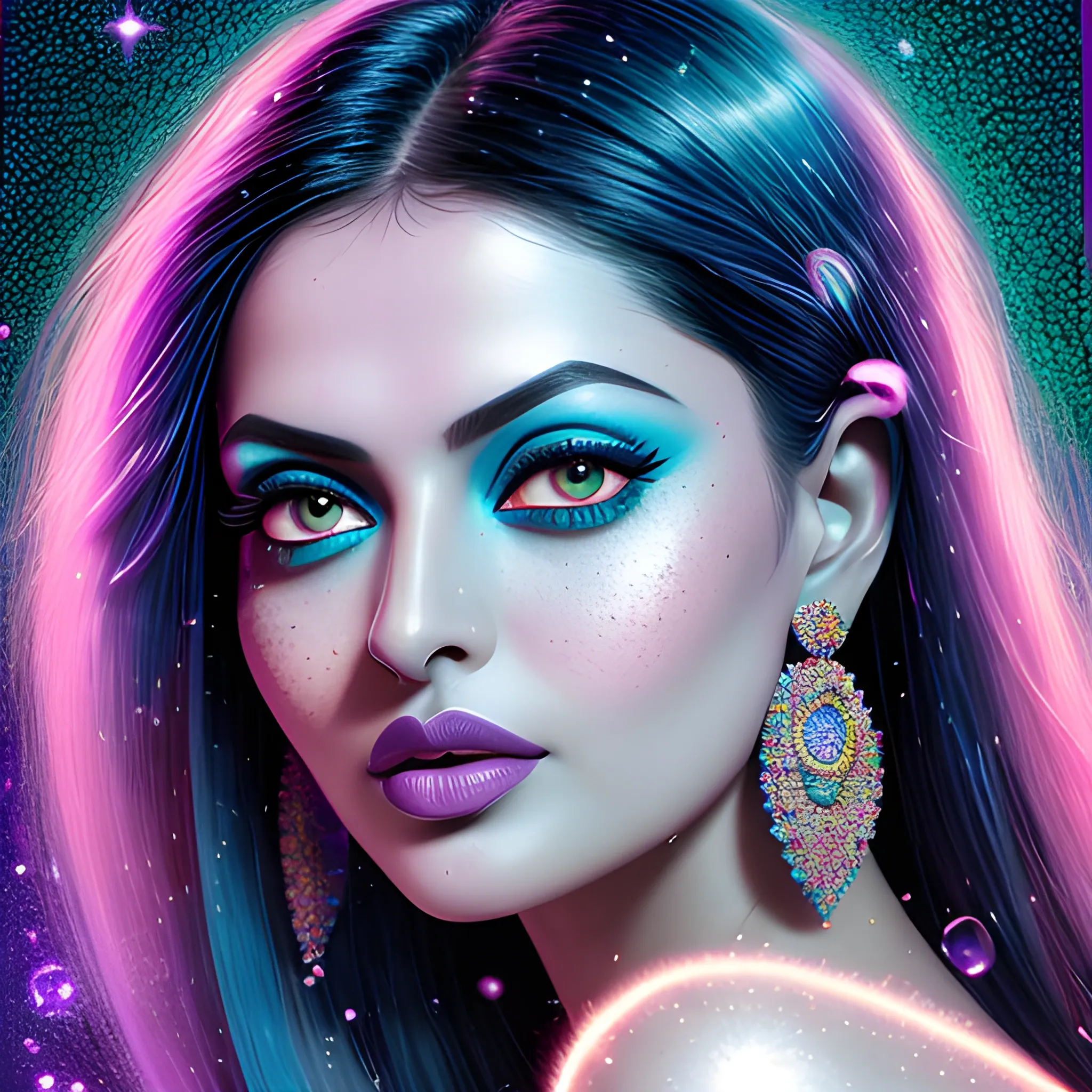 hyperdetailed oil on canvas, beautiful Celina Jaitley, beautiful lavender turquoise speckled eyes, her perfect, softly freckled, precisely detailed face, multi-hued dark hair, purple blue pink luminous color sparkles; Aja Trier, James R. Eads, Gawki, rajewel, Tania Rivilis, glitter, airbrush, Octane Render, volumetric lighting