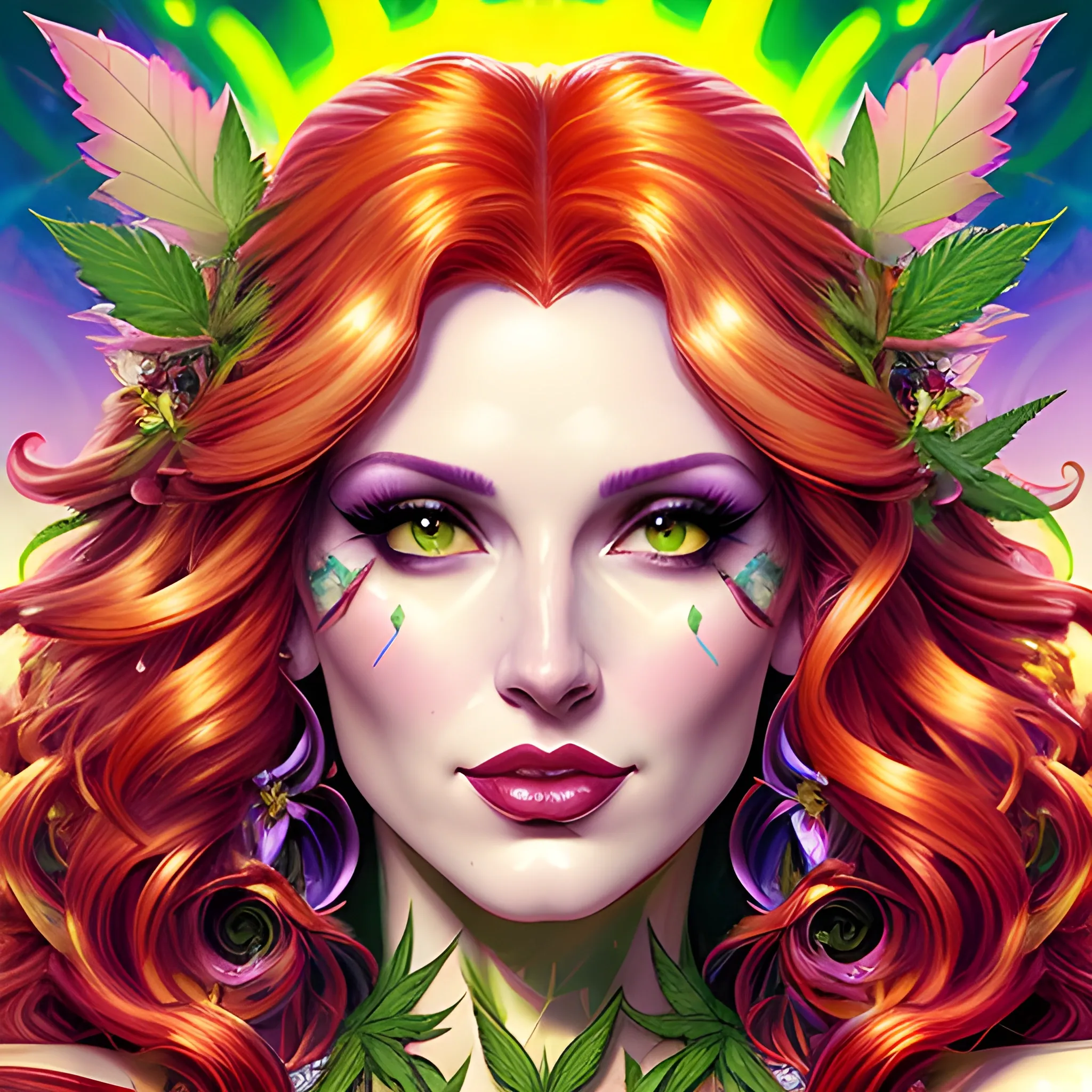comic book version of young Strawberry Shortcake as a marijuana Goddess, pretty and highly detailed face, beautiful eyes, meticulously detailed multi-hued long curly red hair; surrounded by luminous color sparkles and marijuana plants; modern American; by Dan Parent art, Daniel Gerhartz, Lisa Frank, Sienkiewicz, Mucha, jim lee art; hyper-detailed, hyper-realistic, sharp focus; symmetrical face; textured shading, subtractive lighting, marijuana