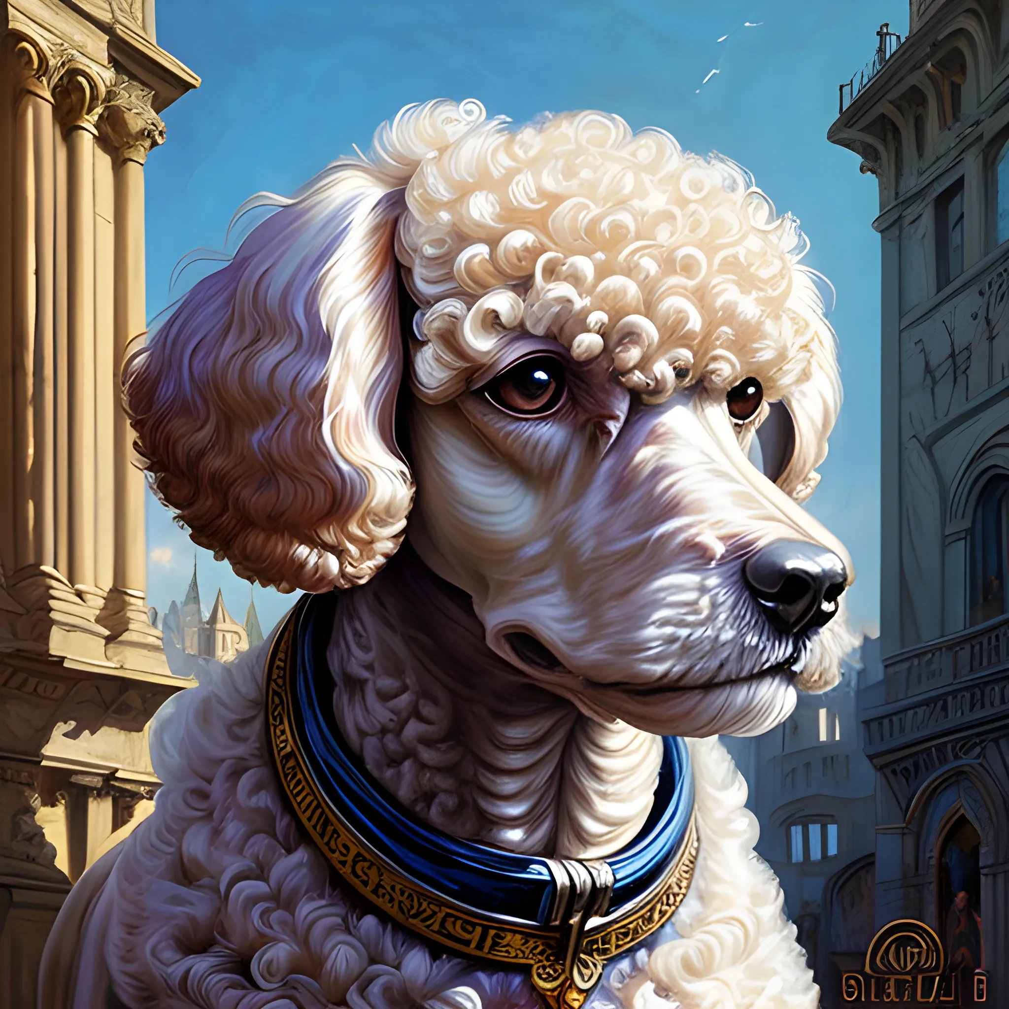 french poodle perfect eyes, matte painting Elegant, beautiful rendered aesthetic expression of the Sublime by Android Jones, Shepard Fairey, Josephine Wall, Carlo Crivelli, Scott Naismith, Sandra Chevrier, Giotto Di Bondone; high resolution, digital art, intricate details Perfect composition subtractive lighting, hyper realistic 16k Octane render wide angle design masterwork; oil painting by James Gurney