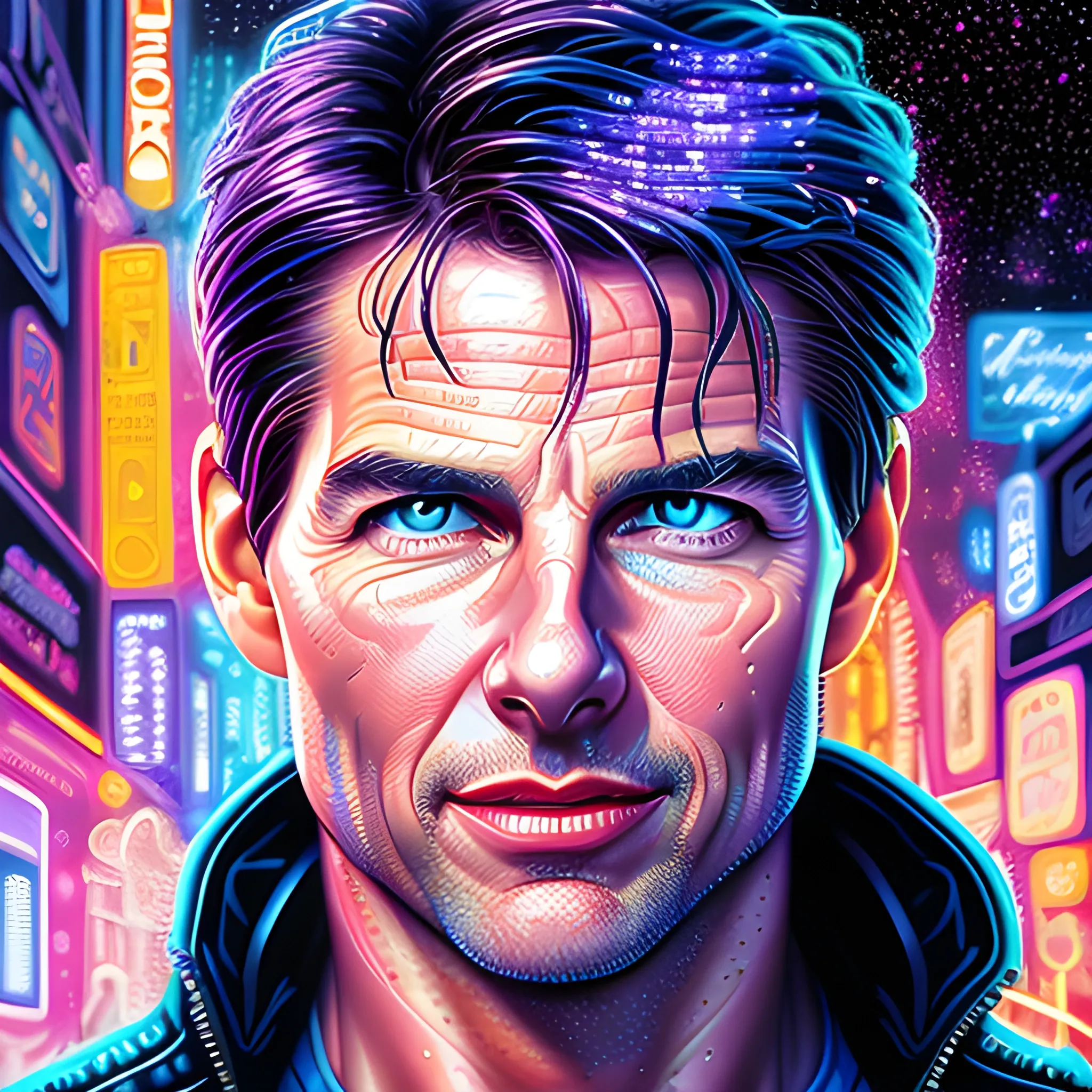 hyperdetailed oil on canvas, Tom Cruise, his striking blue eyes, his handsome perfect, precisely detailed face, pink, purple, blue, luminous colorful sparkles, by James R. Eads, Gawki, rajewel, Tania Rivilis, Dan Mumford, glitter, airbrush, Octane Render, elegant, volumetric lighting, 16k