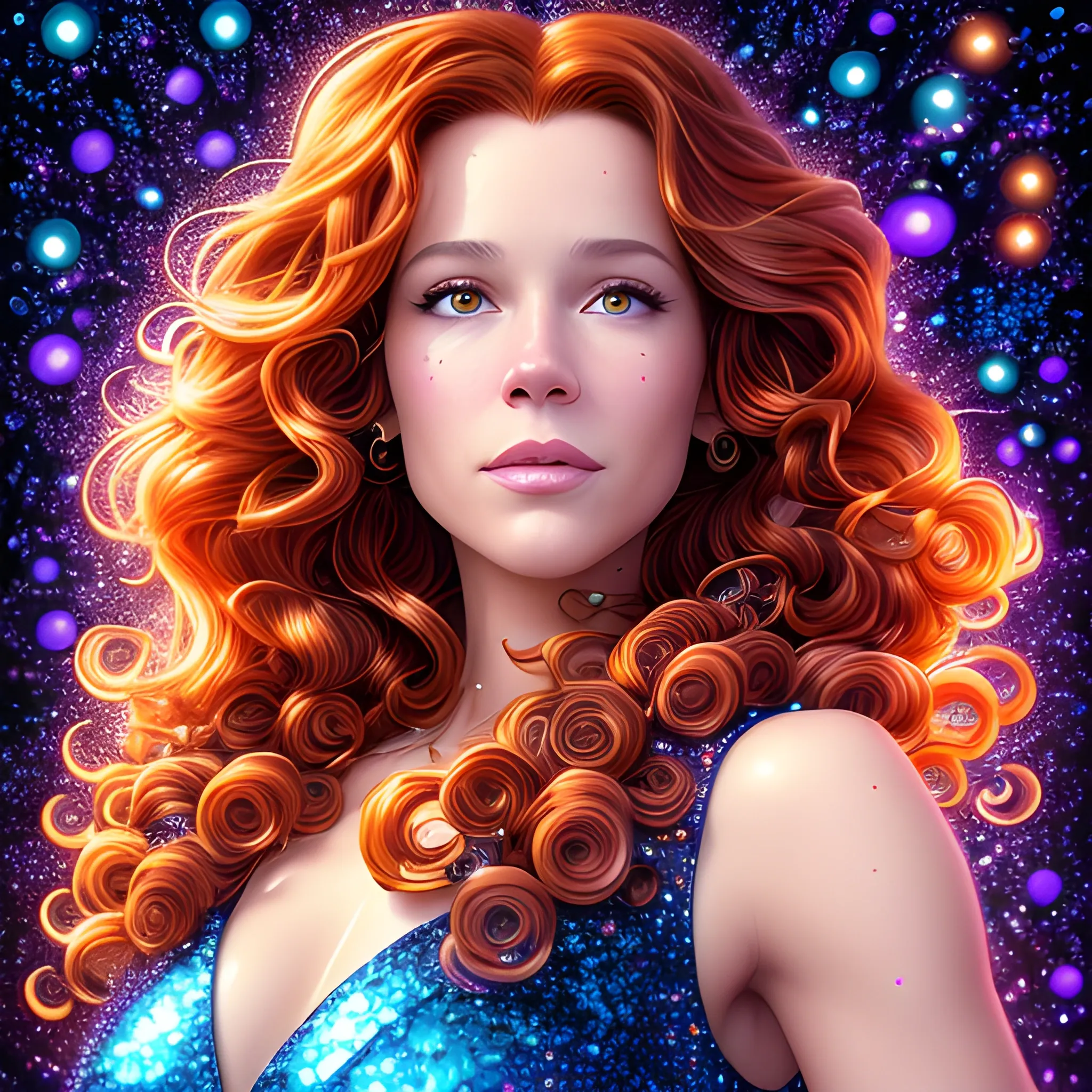 hyperdetailed oil on canvas, brown eyes, Robyn Lively, her striking brown eyes, flawless, unblemished face, meticulously detailed long red hair, brown eyes; luminous colorful sparkles, blue, purple; James R. Eads, Gawki, rajewel, Tania Rivilis, Dan Mumford, glitter, airbrush, Octane Render, elegant, volumetric lighting 16k, Cartoon