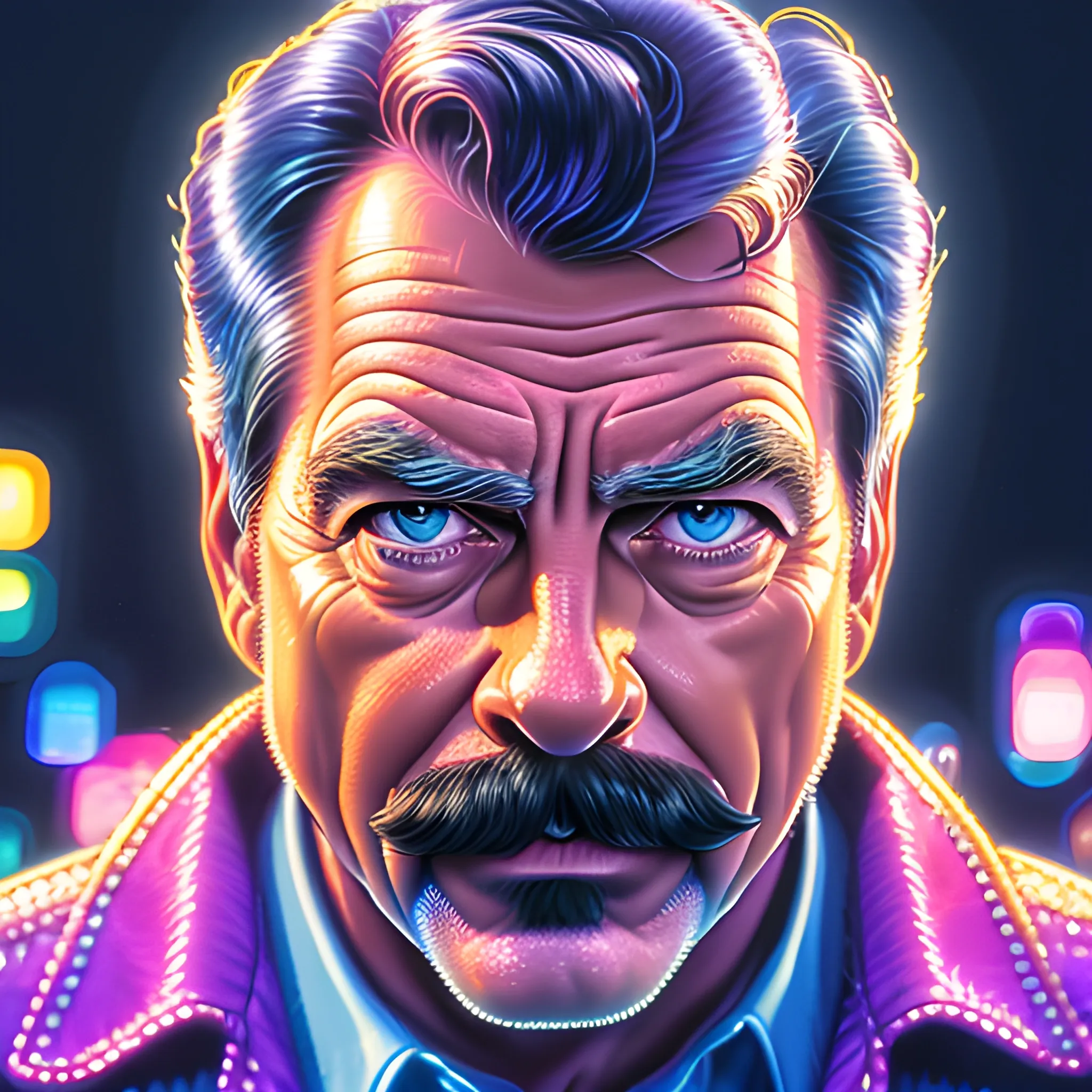 hyperdetailed oil on canvas, Tom Selleck, his striking blue eyes, his handsome perfect, precisely detailed face, pink, purple, blue, luminous colorful sparkles, by James R. Eads, Gawki, rajewel, Tania Rivilis, Dan Mumford, glitter, airbrush, Octane Render, elegant, volumetric lighting, 16k