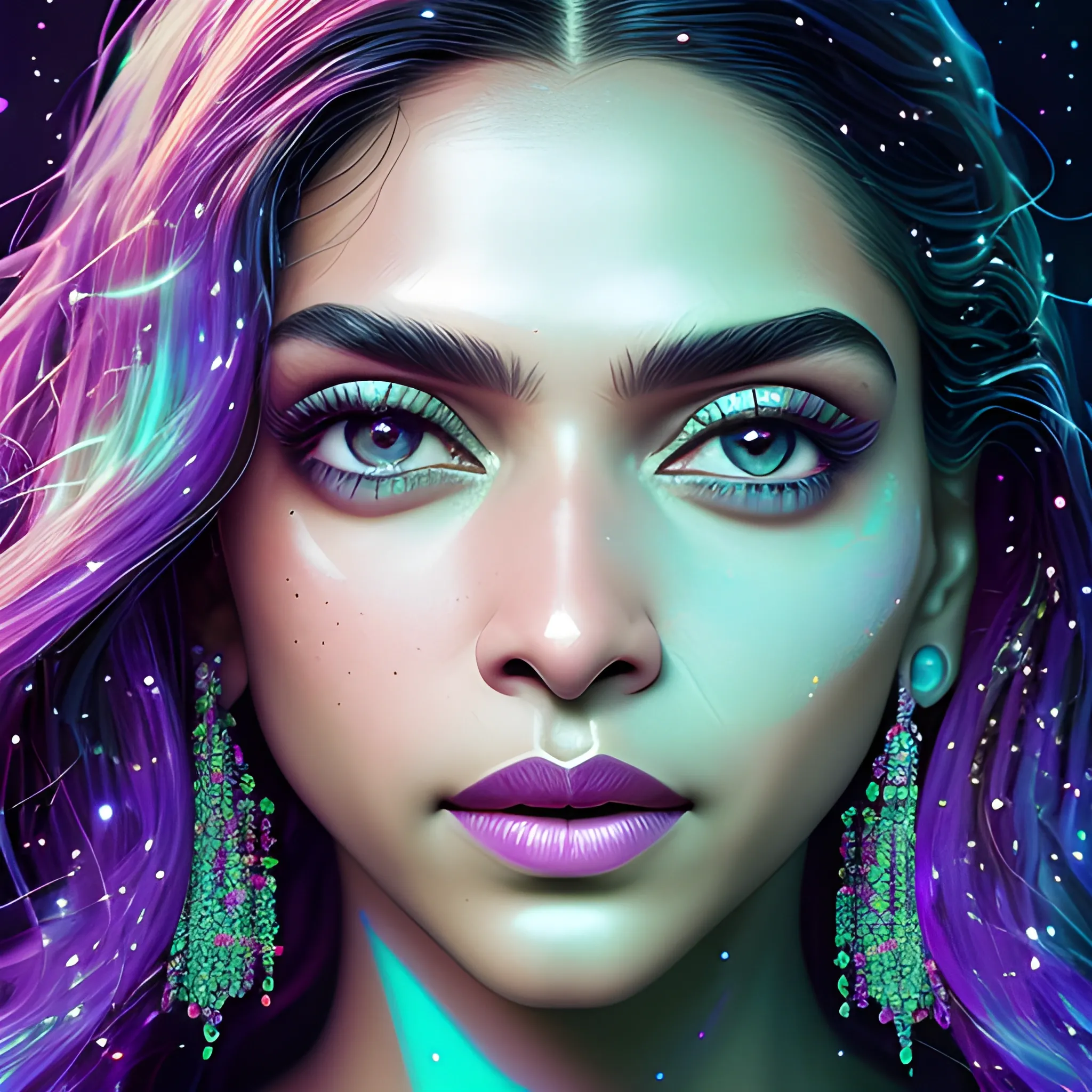 hyperdetailed oil on canvas, beautiful Deepika Padukone, beautiful lavender turquoise speckled eyes, her perfect, softly freckled, precisely detailed face, multi-hued dark hair, purple blue pink luminous color sparkles; Aja Trier, James R. Eads, Gawki, rajewel, Tania Rivilis, glitter, airbrush, Octane Render, volumetric lighting