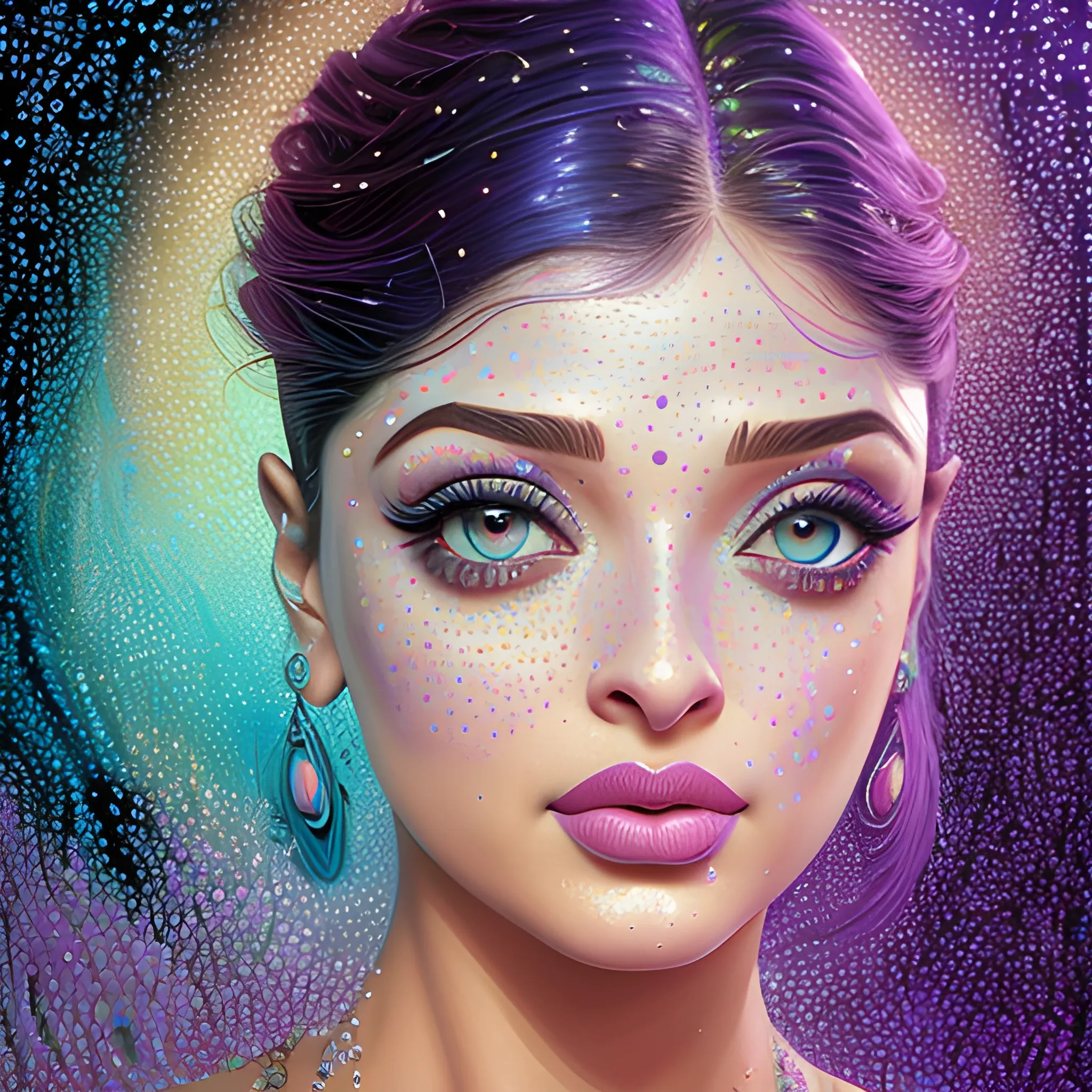 hyperdetailed oil on canvas, beautiful Aishwarya Rai, beautiful lavender turquoise speckled eyes, her perfect, softly freckled, precisely detailed face, multi-hued dark hair, purple blue pink luminous color sparkles; Aja Trier, James R. Eads, Gawki, rajewel, Tania Rivilis, glitter, airbrush, Octane Render, volumetric lighting