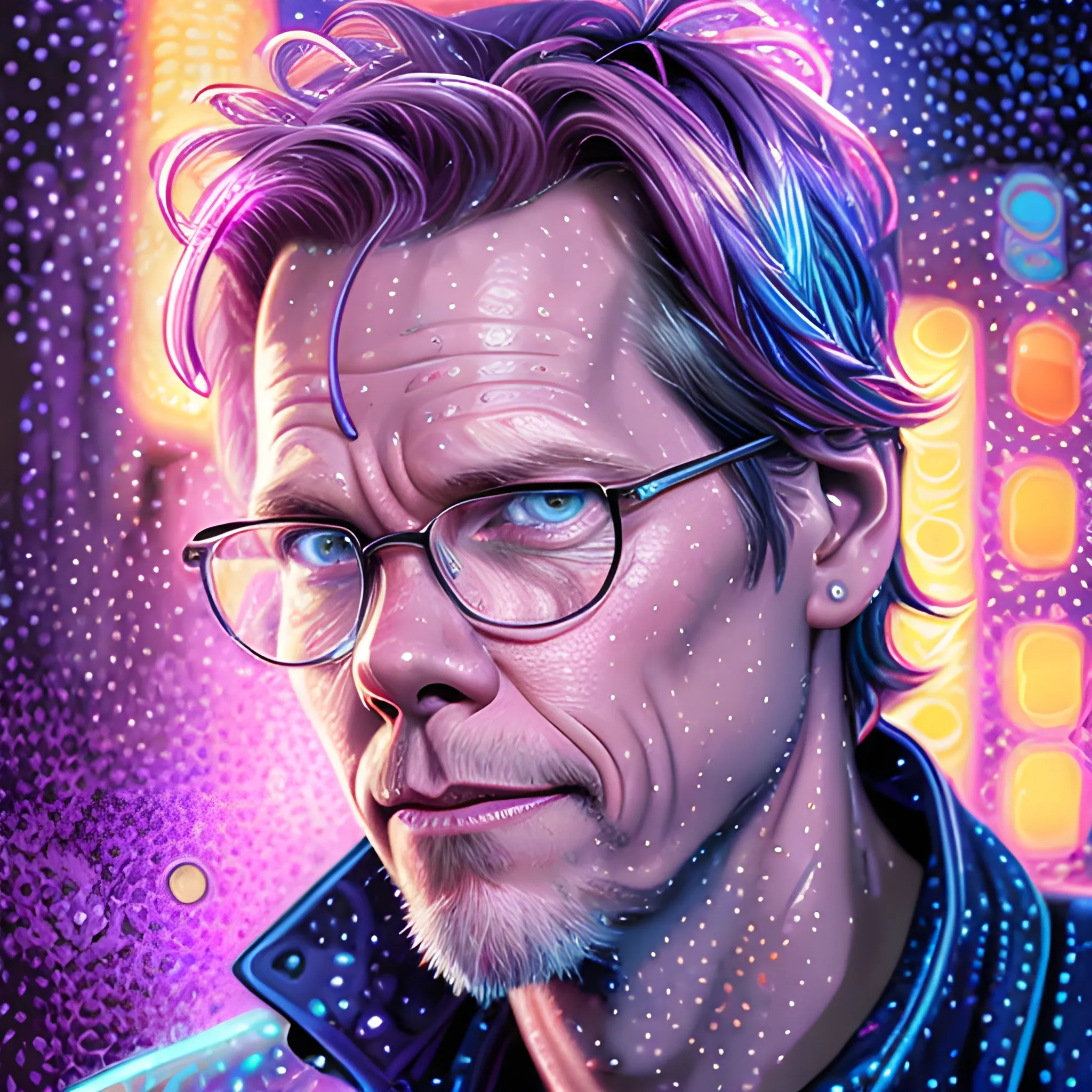 hyperdetailed oil on canvas, Kevin Bacon, his striking blue eyes, his handsome perfect, precisely detailed face, pink, purple, blue, luminous colorful sparkles, by James R. Eads, Gawki, rajewel, Tania Rivilis, Dan Mumford, glitter, airbrush, Octane Render, elegant, volumetric lighting, 16k