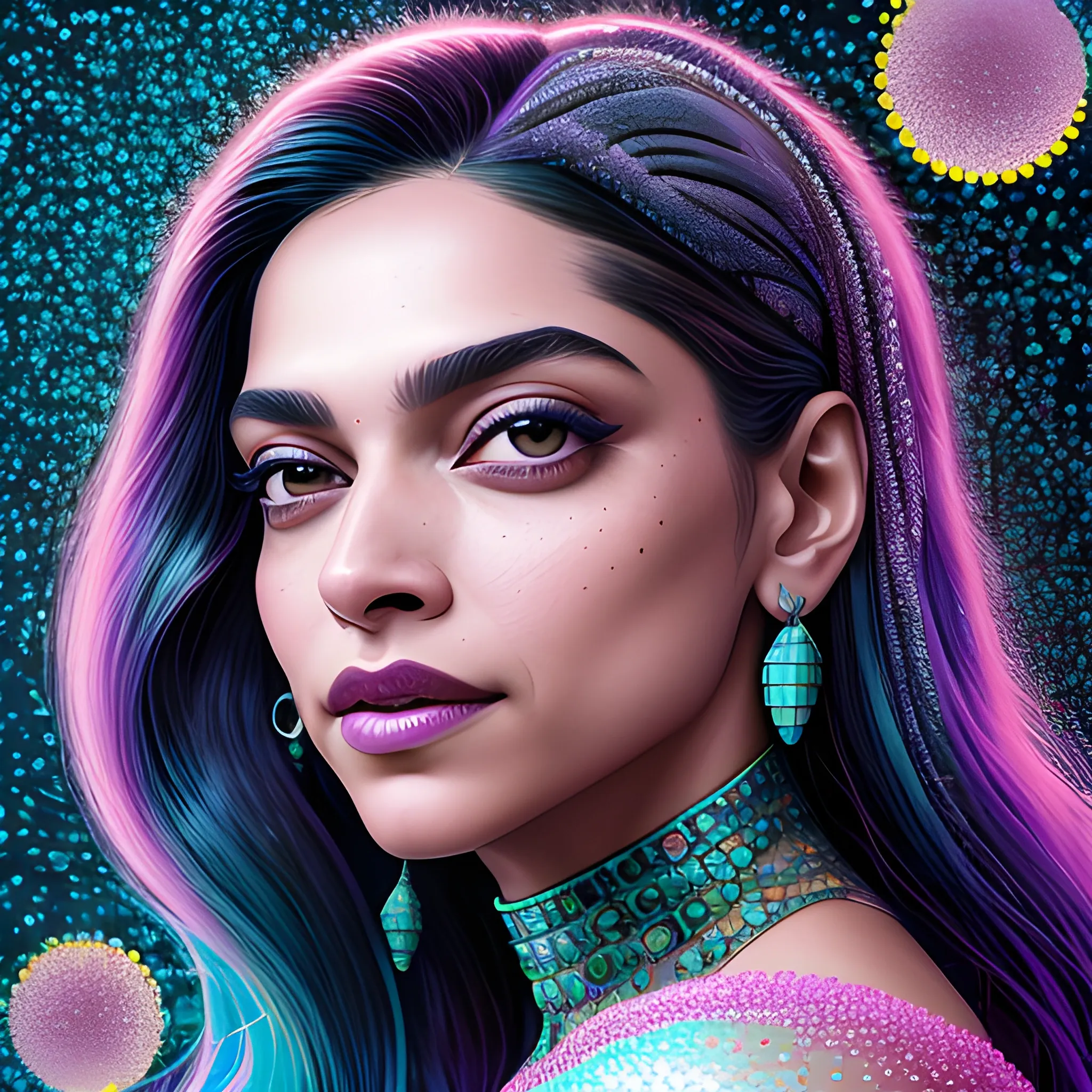 hyperdetailed oil on canvas, beautiful Deepika Padukone, beautiful lavender turquoise speckled eyes, her perfect, softly freckled, precisely detailed face, multi-hued dark hair, purple blue pink luminous color sparkles; Aja Trier, James R. Eads, Gawki, rajewel, Tania Rivilis, glitter, airbrush, Octane Render, volumetric lighting