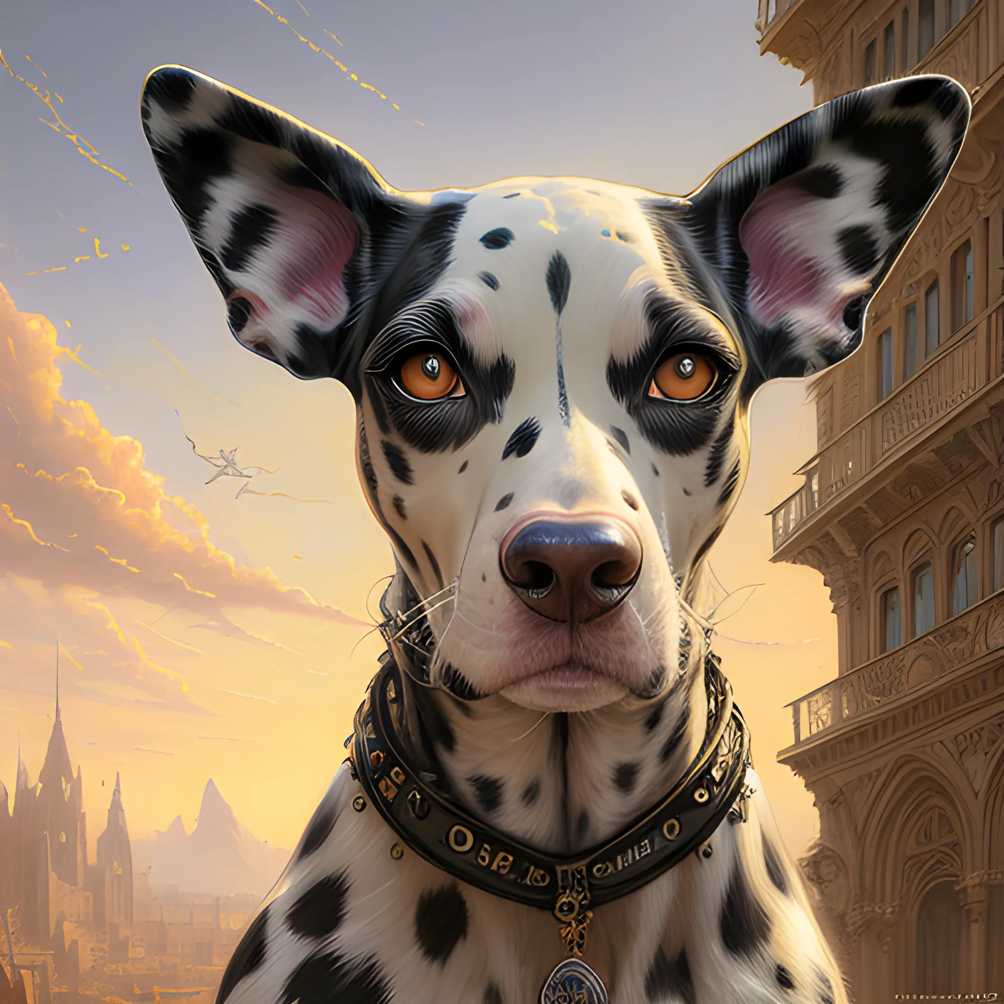 dalmation; perfect eyes, matte painting Elegant, beautiful rendered aesthetic expression of the Sublime by Android Jones, Shepard Fairey, Josephine Wall, Carlo Crivelli, Scott Naismith, Sandra Chevrier, Giotto Di Bondone; high resolution, digital art, intricate details Perfect composition subtractive lighting, hyper realistic 16k Octane render wide angle design masterwork; oil painting by James Gurney