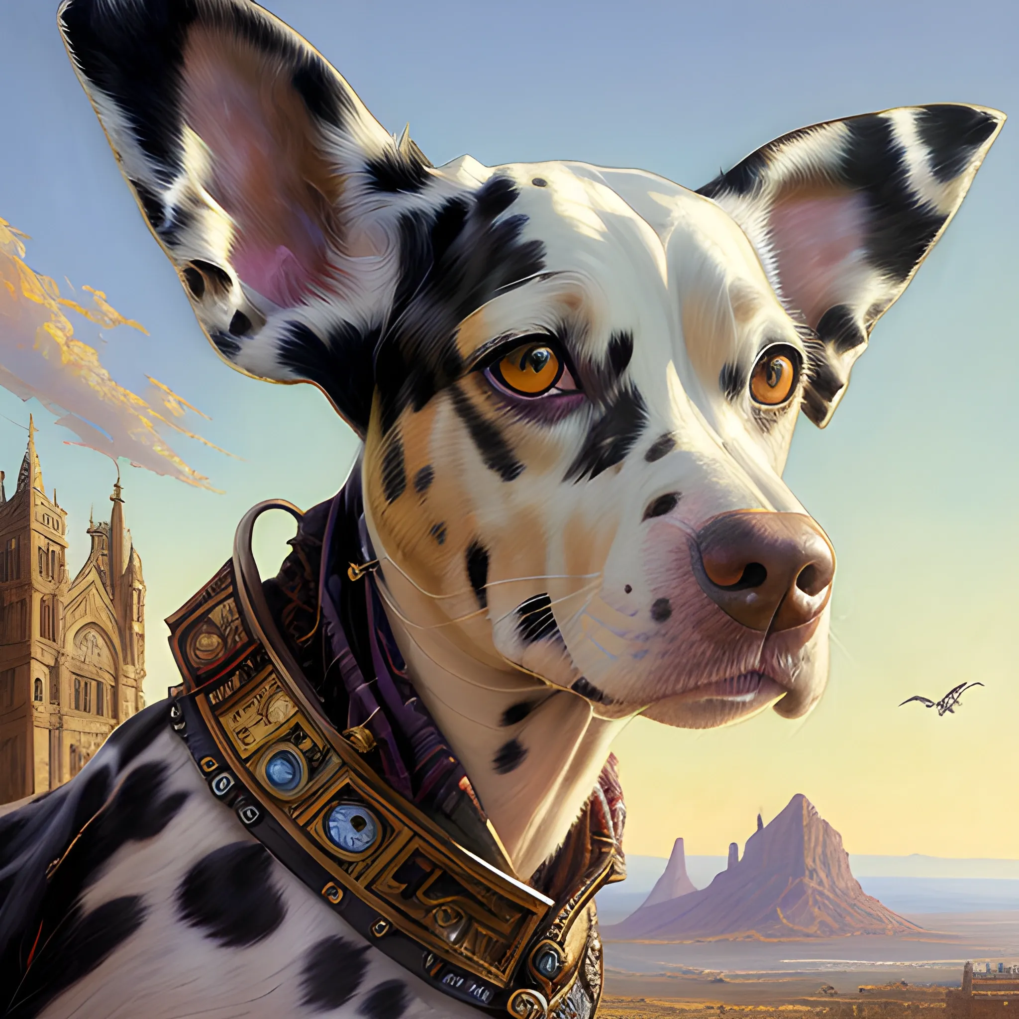 dalmation; perfect eyes, matte painting Elegant, beautiful rendered aesthetic expression of the Sublime by Android Jones, Shepard Fairey, Josephine Wall, Carlo Crivelli, Scott Naismith, Sandra Chevrier, Giotto Di Bondone; high resolution, digital art, intricate details Perfect composition subtractive lighting, hyper realistic 16k Octane render wide angle design masterwork; oil painting by James Gurney