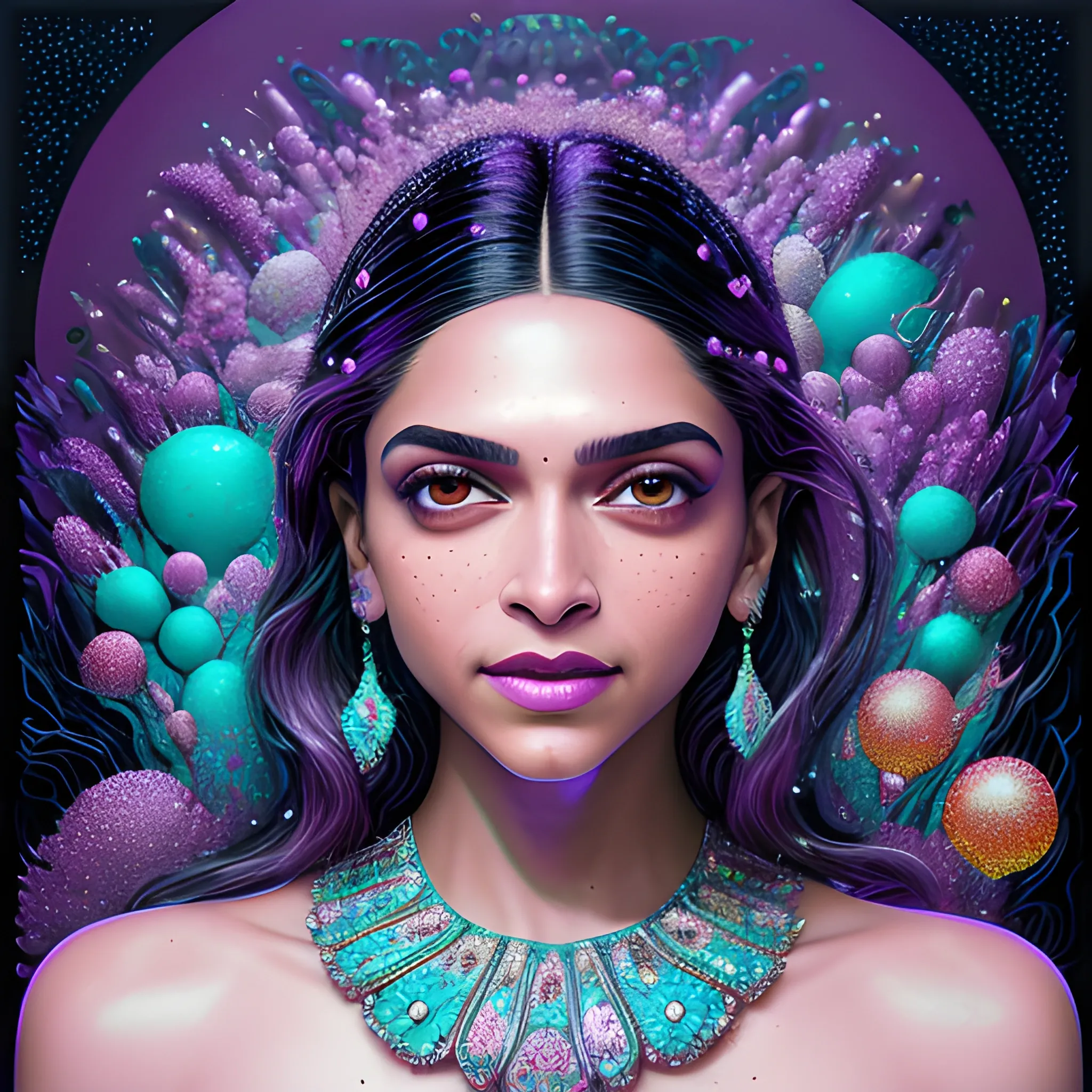 hyperdetailed oil on canvas, beautiful Deepika Padukone, beautiful lavender turquoise speckled eyes, her perfect, softly freckled, precisely detailed face, multi-hued dark hair, purple blue pink luminous color sparkles; Aja Trier, James R. Eads, Gawki, rajewel, Tania Rivilis, glitter, airbrush, Octane Render, volumetric lighting