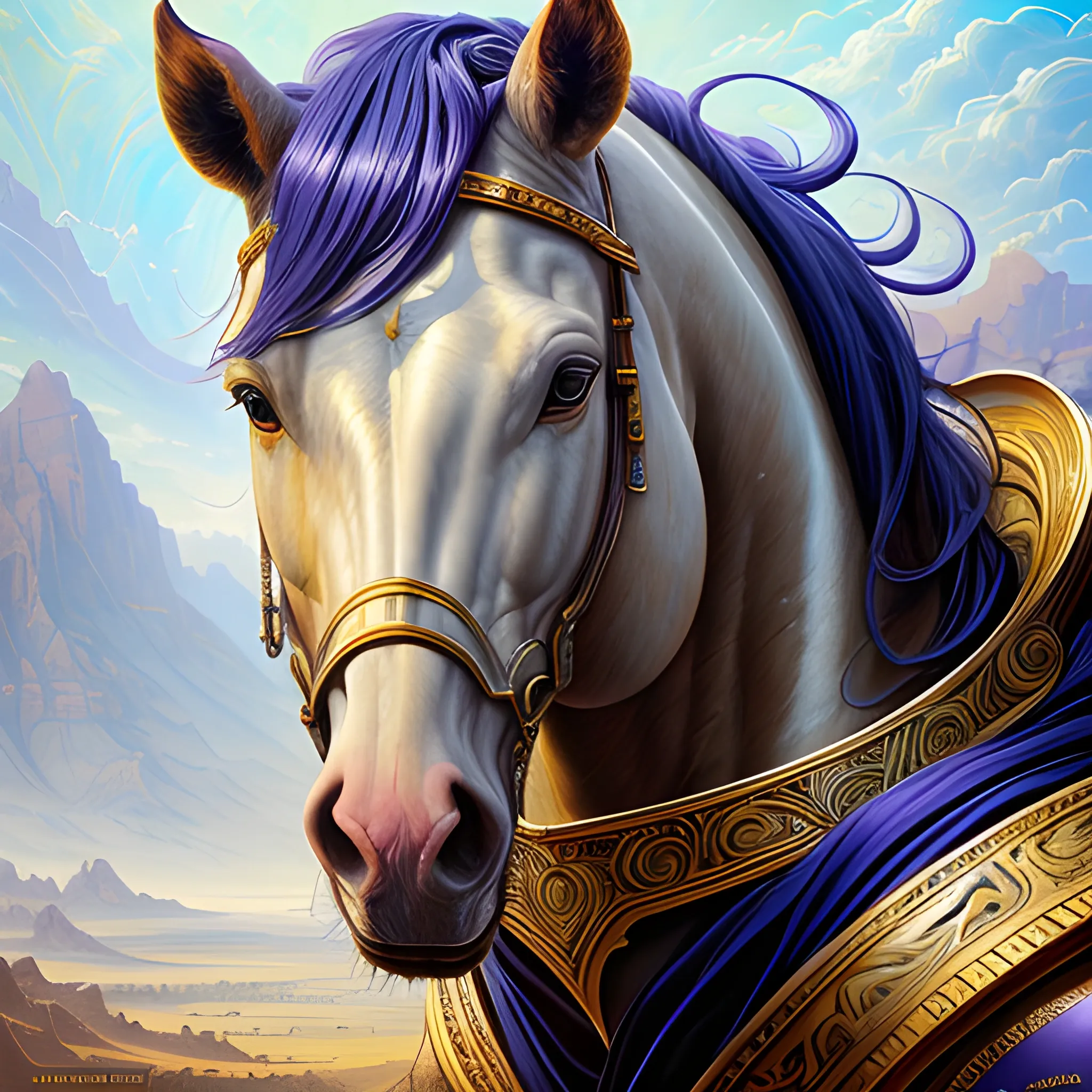 stallion; perfect eyes, matte painting Elegant, beautiful rendered aesthetic expression of the Sublime by Android Jones, Shepard Fairey, Josephine Wall, Carlo Crivelli, Scott Naismith, Sandra Chevrier, Giotto Di Bondone; high resolution, digital art, intricate details Perfect composition subtractive lighting, hyper realistic 16k Octane render wide angle design masterwork; oil painting by James Gurney