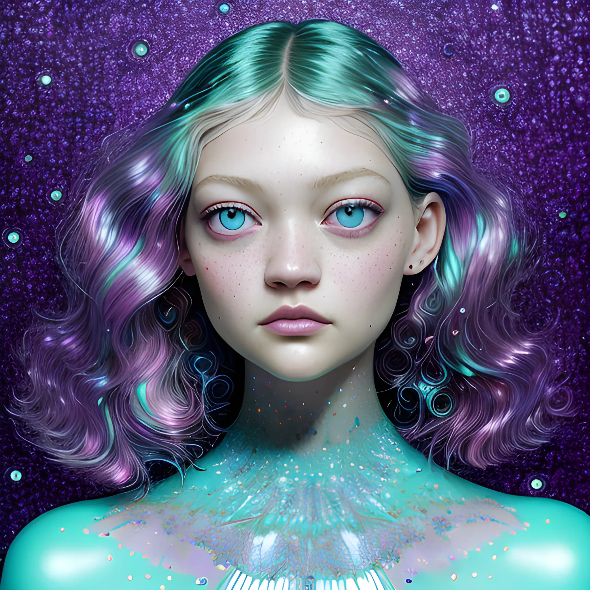 hyperdetailed oil on canvas, beautiful Gemma Ward, beautiful lavender turquoise speckled eyes, her perfect, softly freckled, precisely detailed face, multi-hued dark hair, purple blue pink luminous color sparkles; Aja Trier, James R. Eads, Gawki, rajewel, Tania Rivilis, glitter, airbrush, Octane Render, volumetric lighting