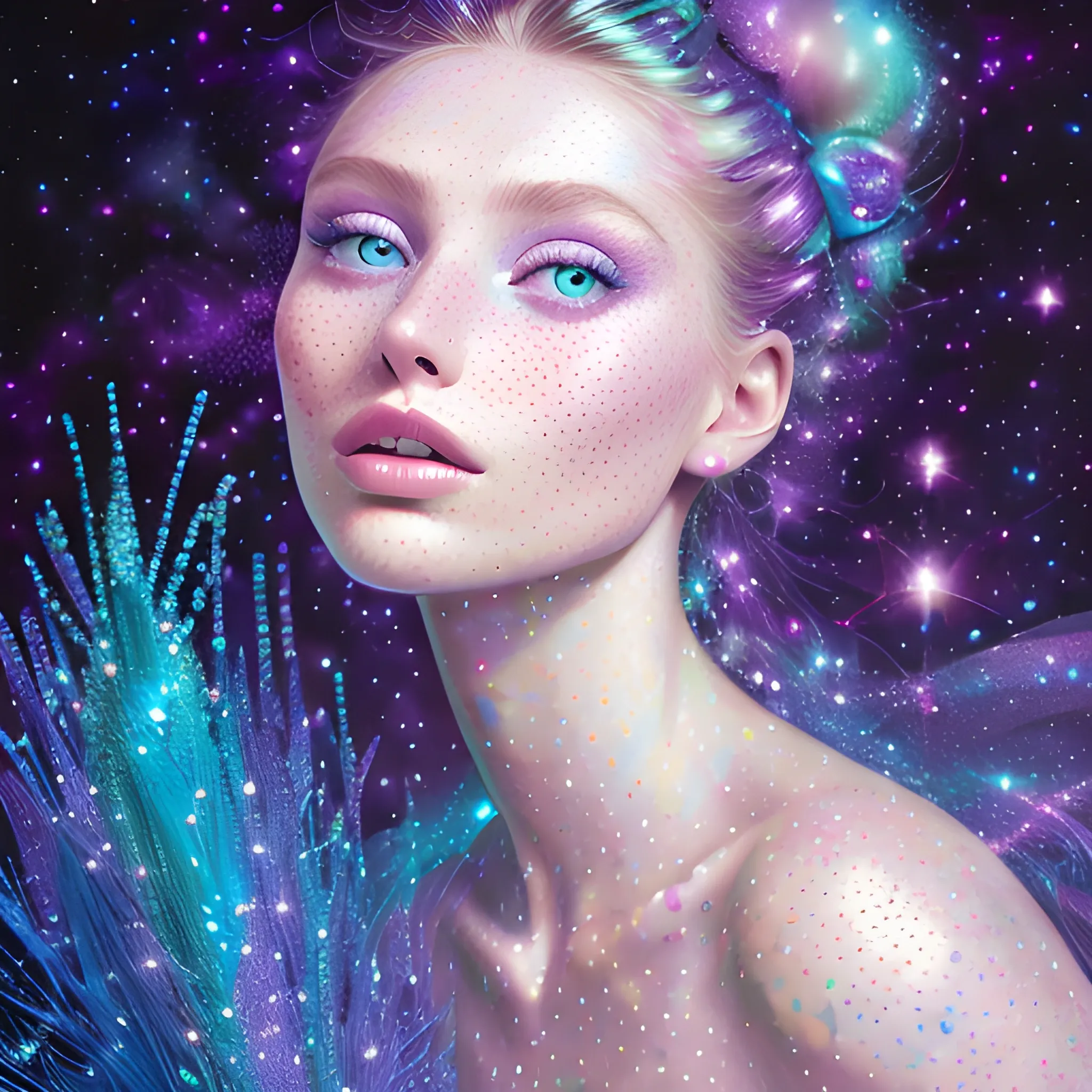 hyperdetailed oil on canvas, beautiful Elsa Hosk, beautiful lavender turquoise speckled eyes, her perfect, softly freckled, precisely detailed face, multi-hued dark hair, purple blue pink luminous color sparkles; Aja Trier, James R. Eads, Gawki, rajewel, Tania Rivilis, glitter, airbrush, Octane Render, volumetric lighting